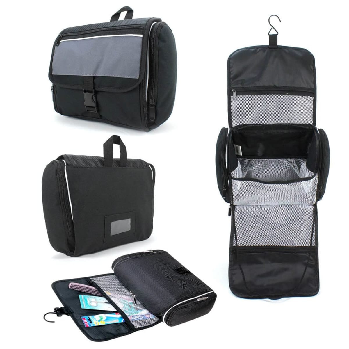 A black toiletry bag featuring a grey panel, multiple compartments, and a hook for hanging. It also includes a logo.