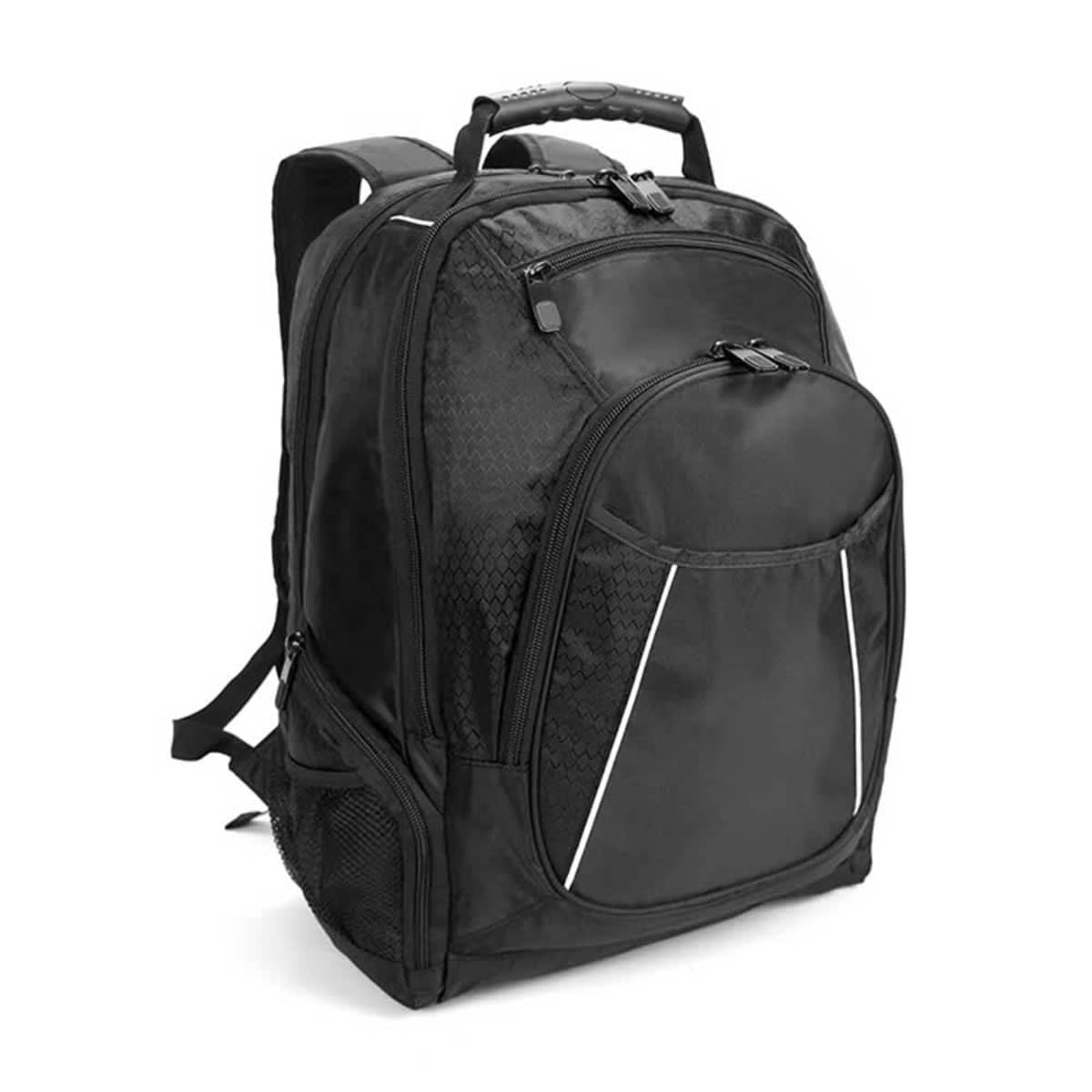 A black backpack with multiple compartments, a textured finish, and a side mesh pocket. Includes a logo.