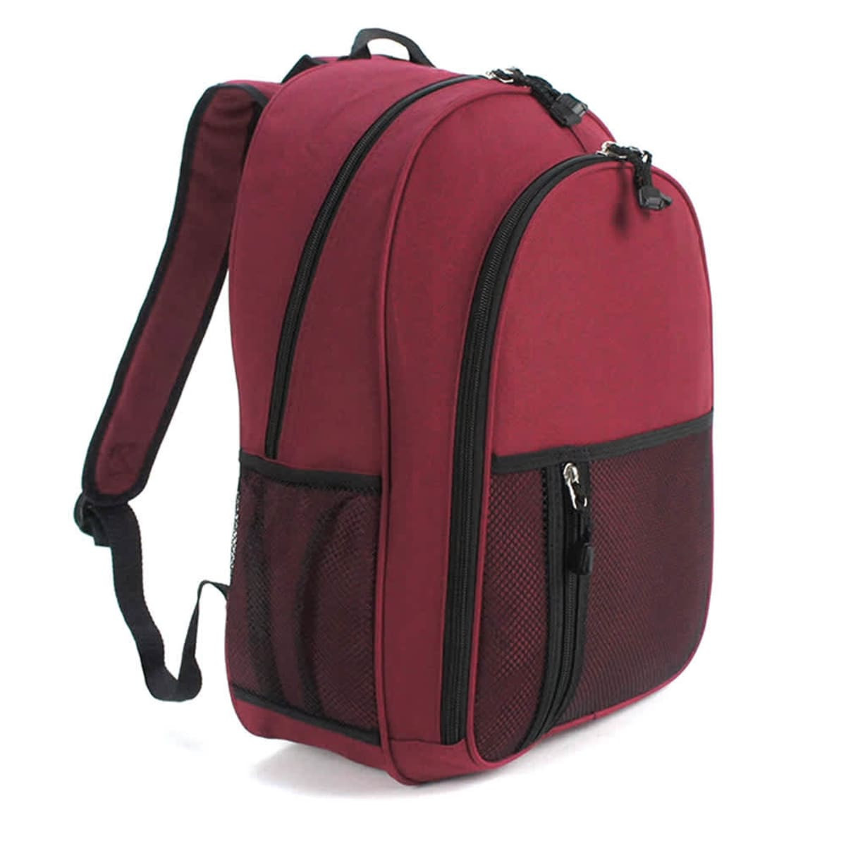 A burgundy backpack featuring a zippered front pocket and a mesh side pocket. It has adjustable straps and a logo.