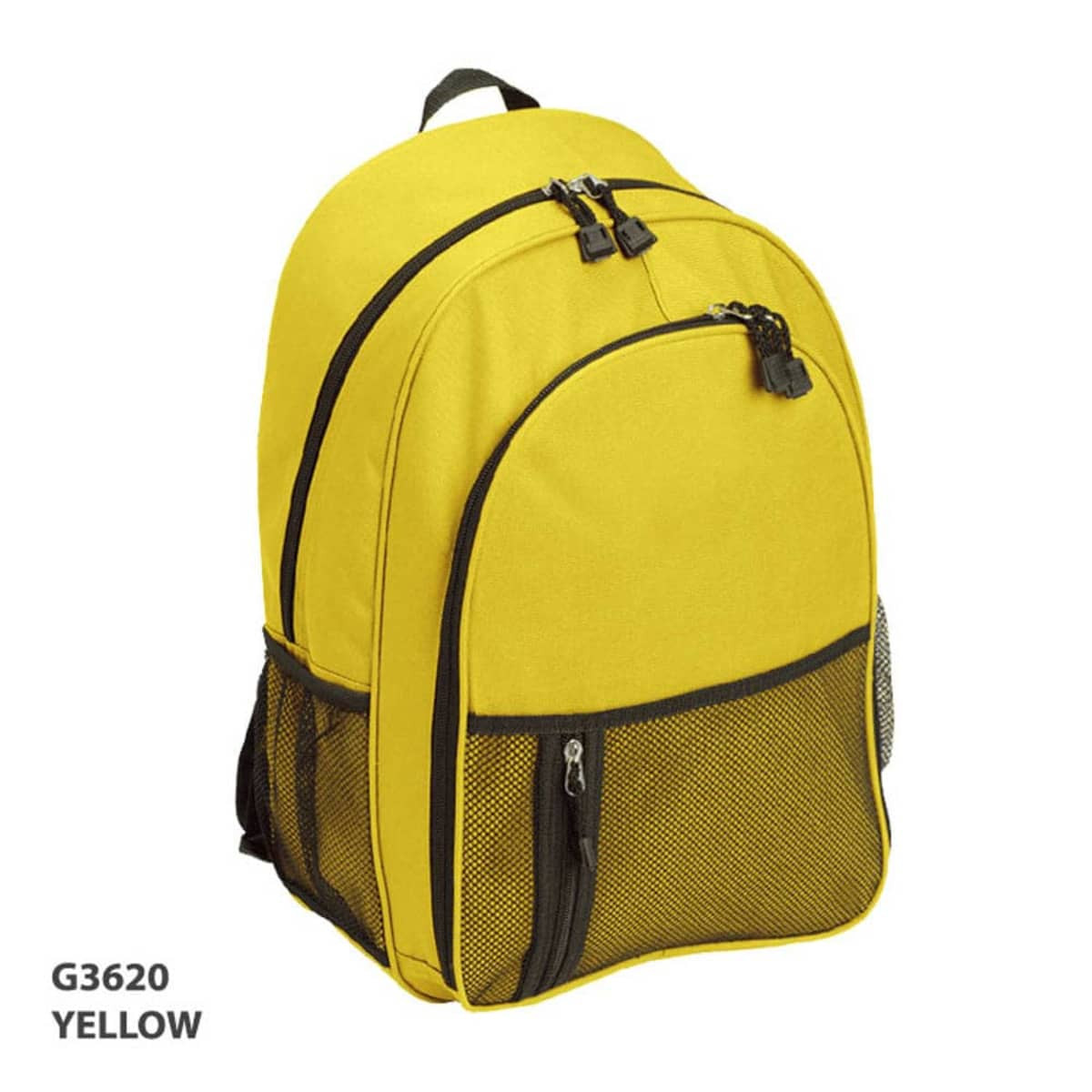 A yellow backpack with black accents, featuring multiple compartments and a mesh side pocket.