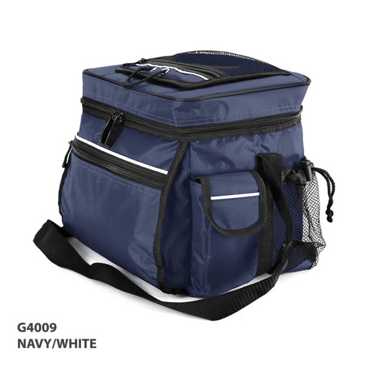 A navy and white cooler bag with multiple pockets and a mesh side pocket, featuring a black strap and zip closures.