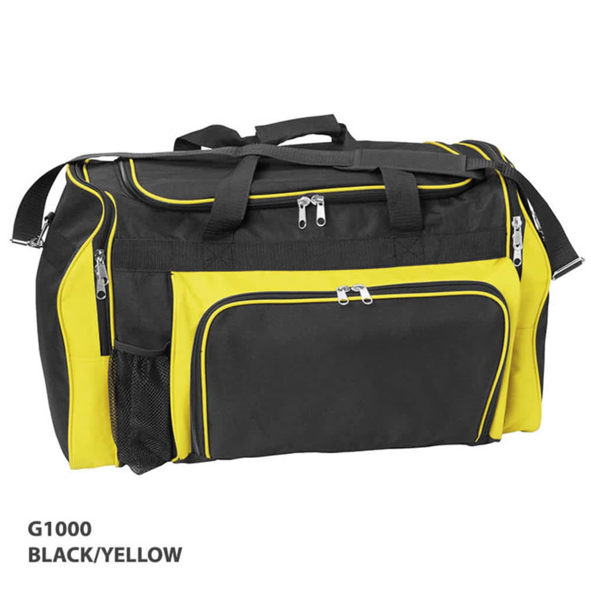 A black and yellow duffle bag with multiple zippered compartments and a mesh pocket. It features a logo.