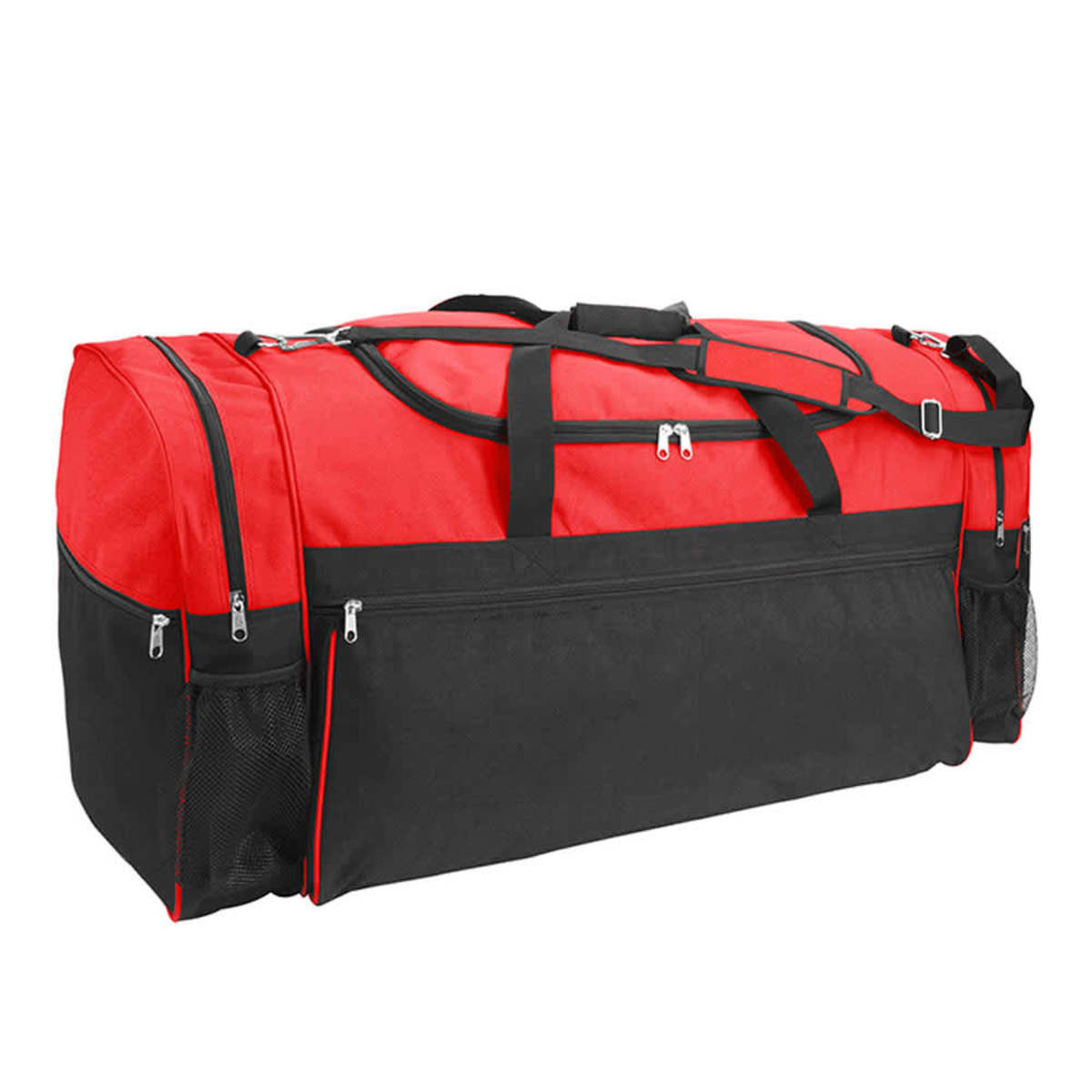A large sports bag in red and black, featuring multiple zippered compartments and a mesh side pocket.