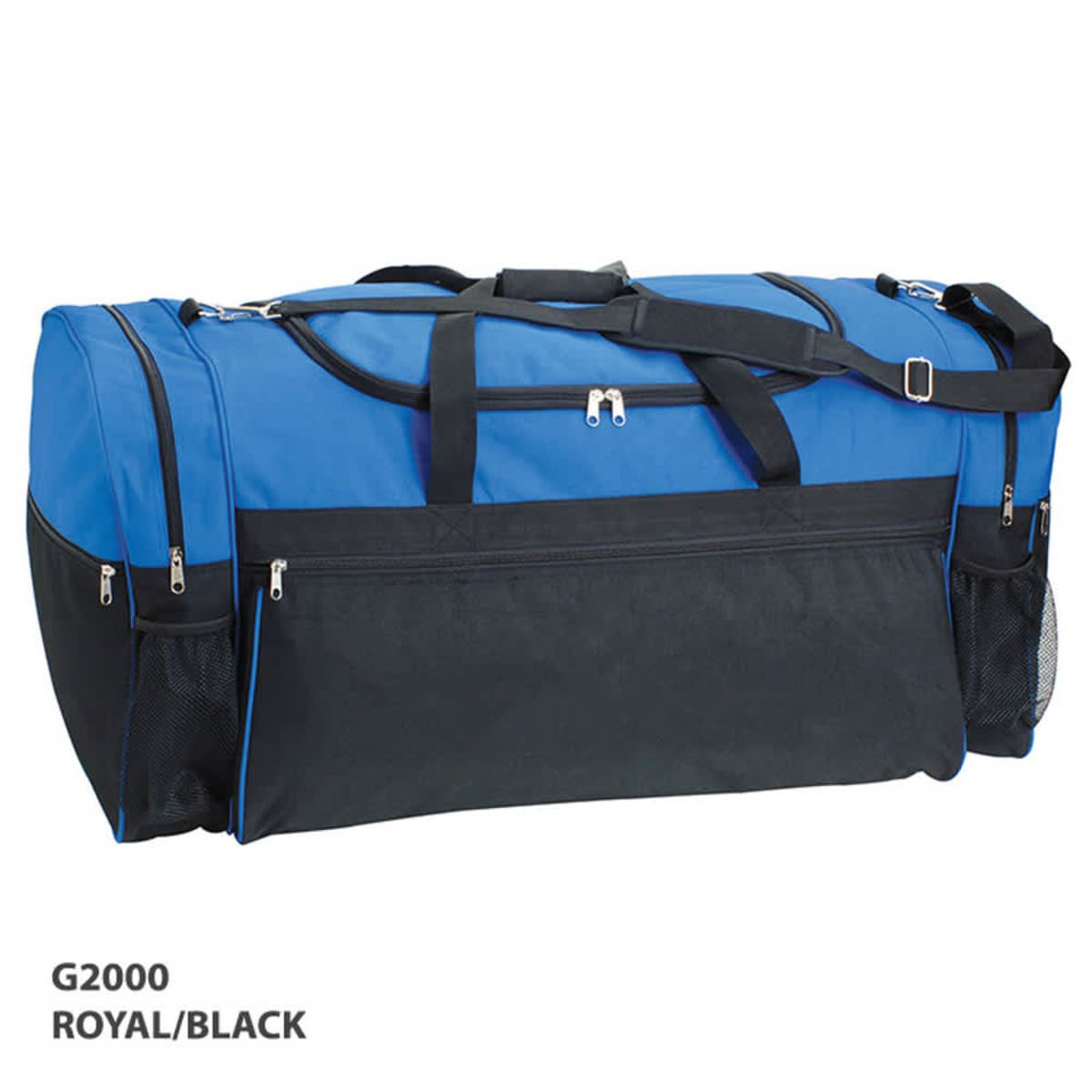 A large duffle bag in royal blue and black, featuring multiple compartments and a logo.