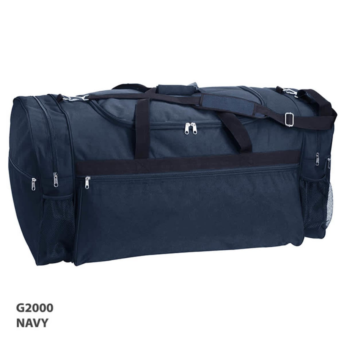A large navy sports bag with multiple zippered compartments and mesh side pockets. It features sturdy handles and a shoulder strap.