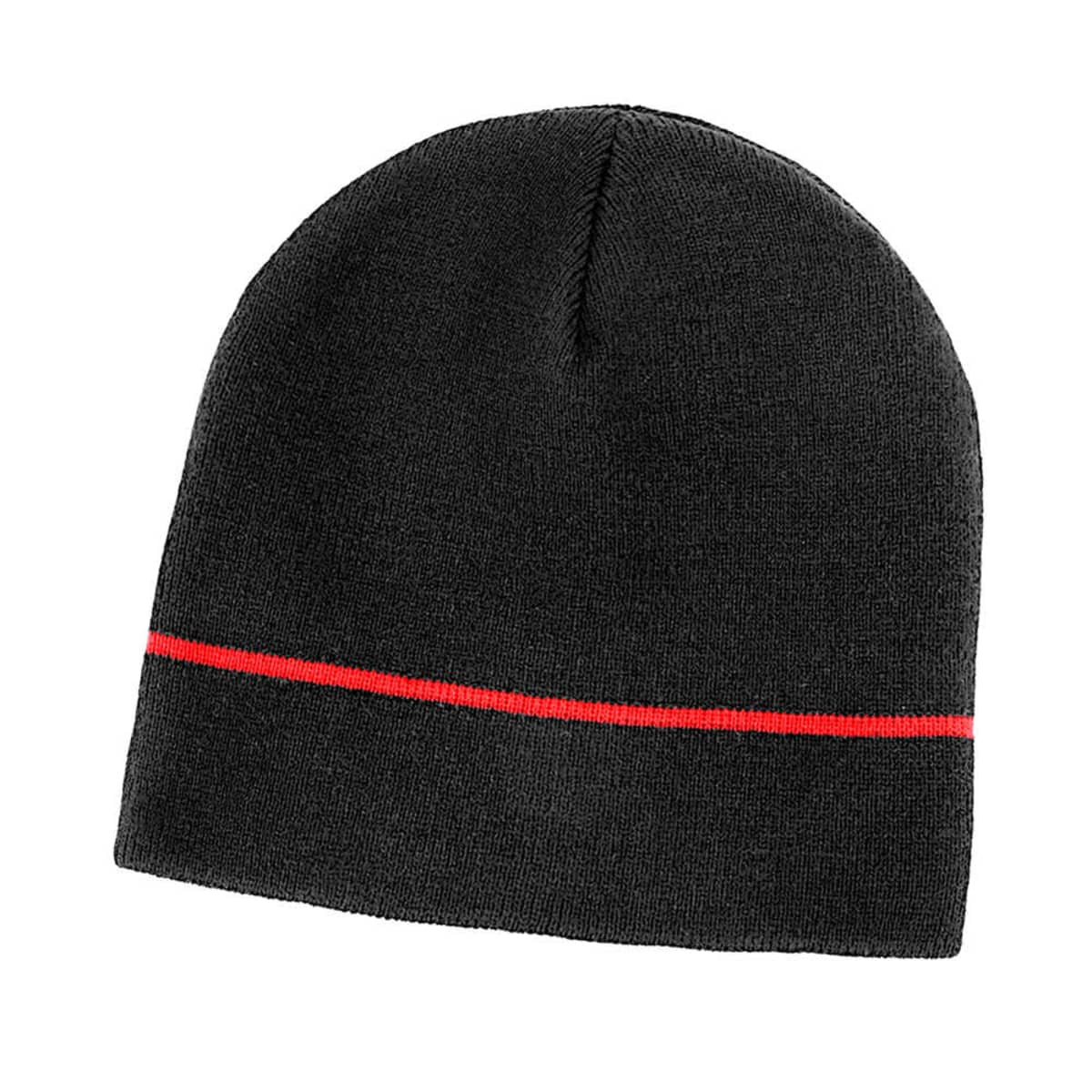 Acrylic two-tone beanie in black with a red stripe. Features a logo on the side.