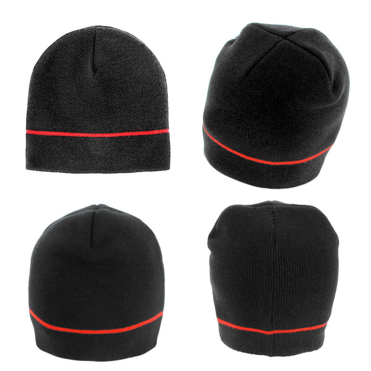 Acrylic two-tone beanie in black with a red stripe, showcased from multiple angles. It features a logo.