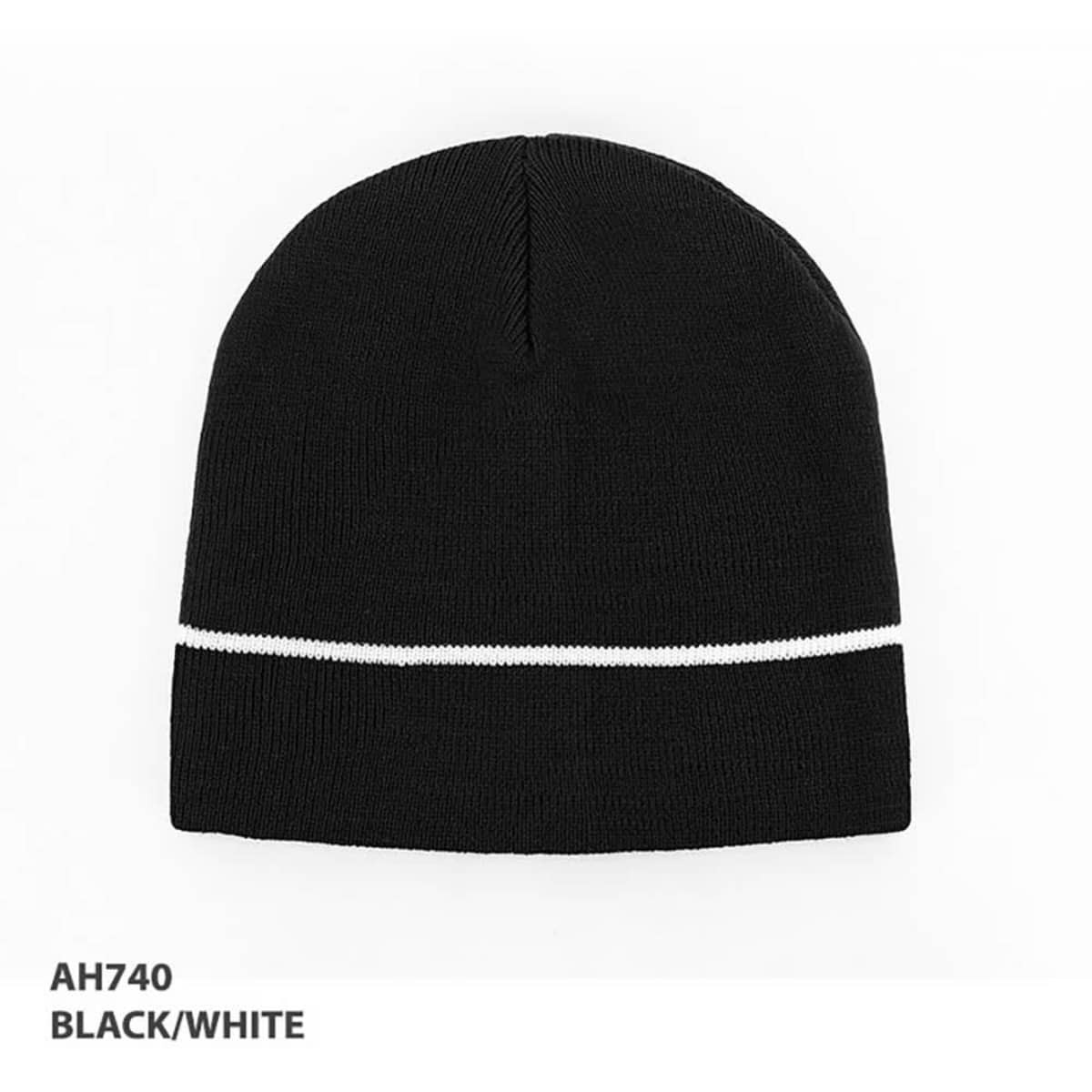 Acrylic beanie in black with a white stripe. Features a logo on the side.