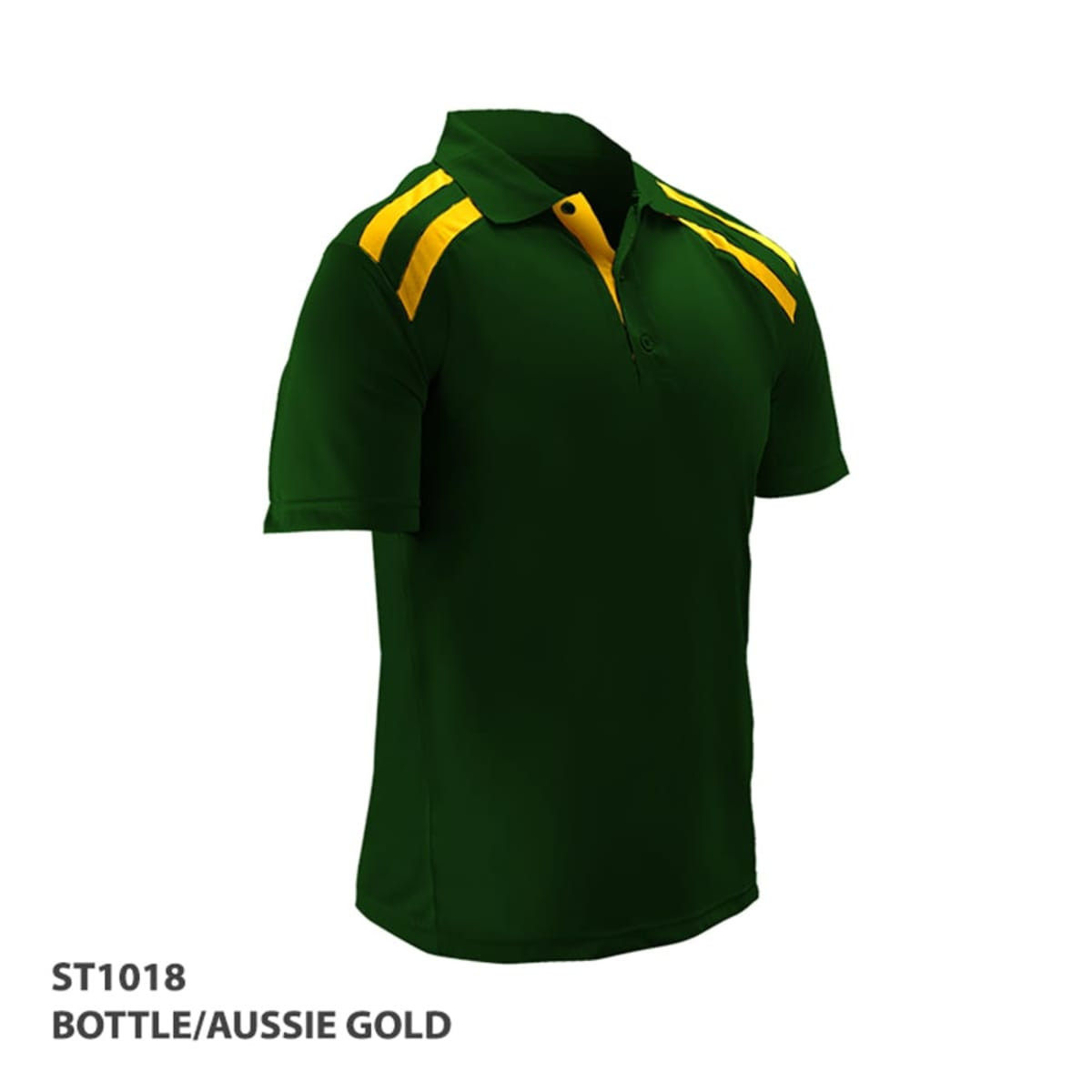A green polo shirt with yellow stripes and a collar, featuring a logo.