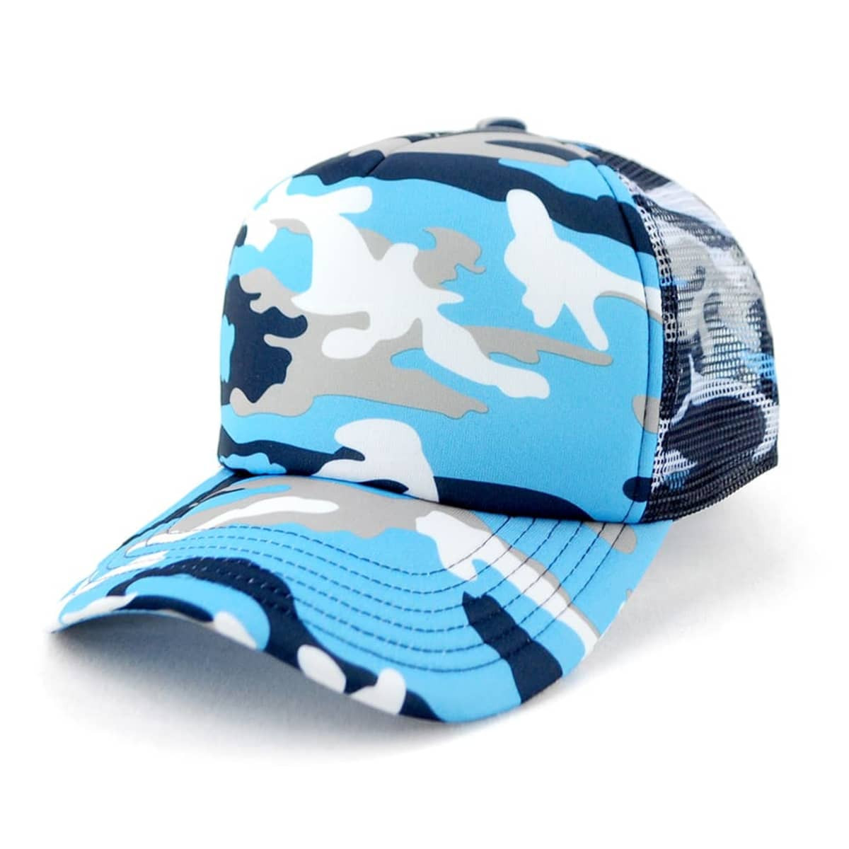A blue camouflaged trucker cap with mesh back, featuring various shades of blue, grey, and white.