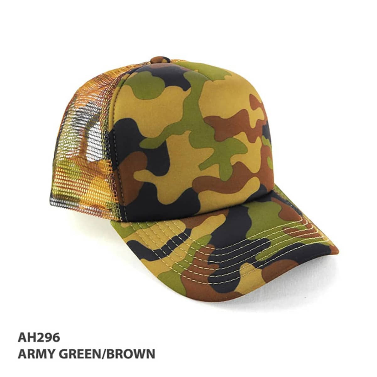 A camouflage trucker cap in army green and brown, featuring a mesh back and a logo on the front.
