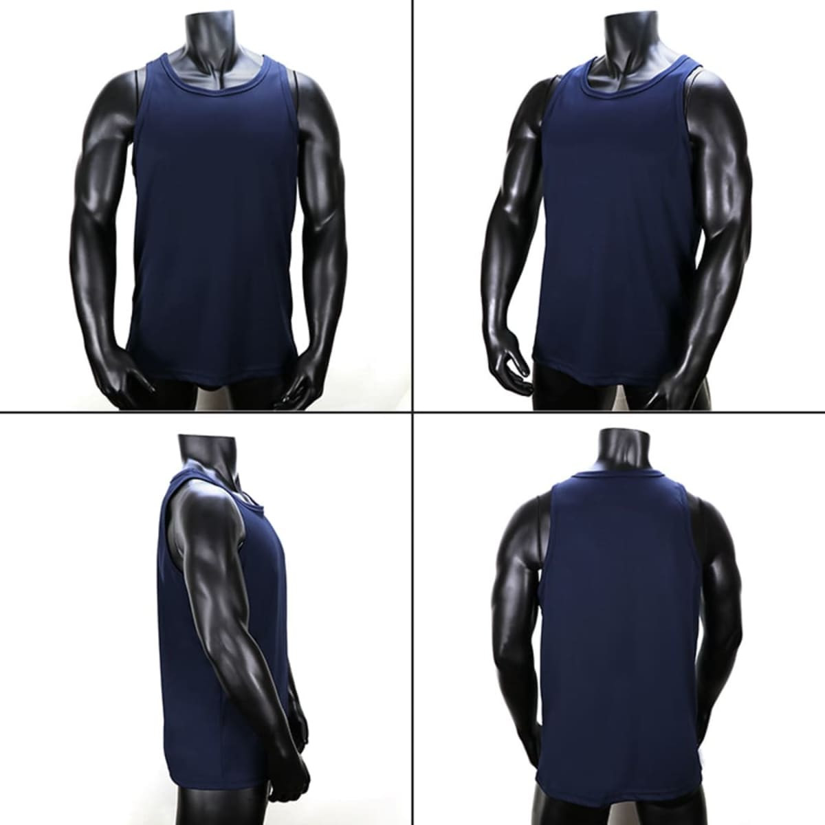 A navy blue singlet displayed from four angles, featuring a sleek design and a logo.