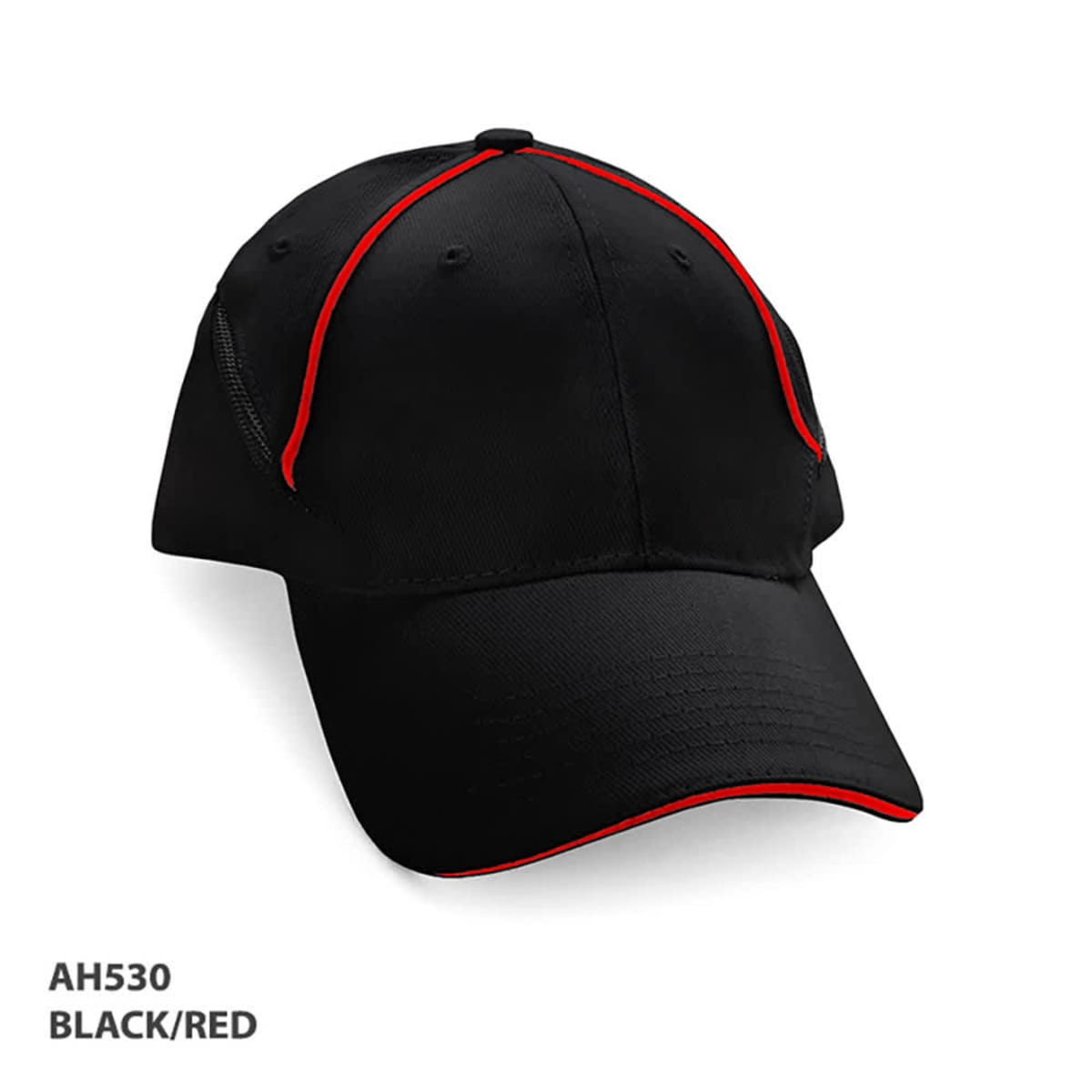 A black cap with red piping and a logo, showcasing a sporty design suitable for various activities.