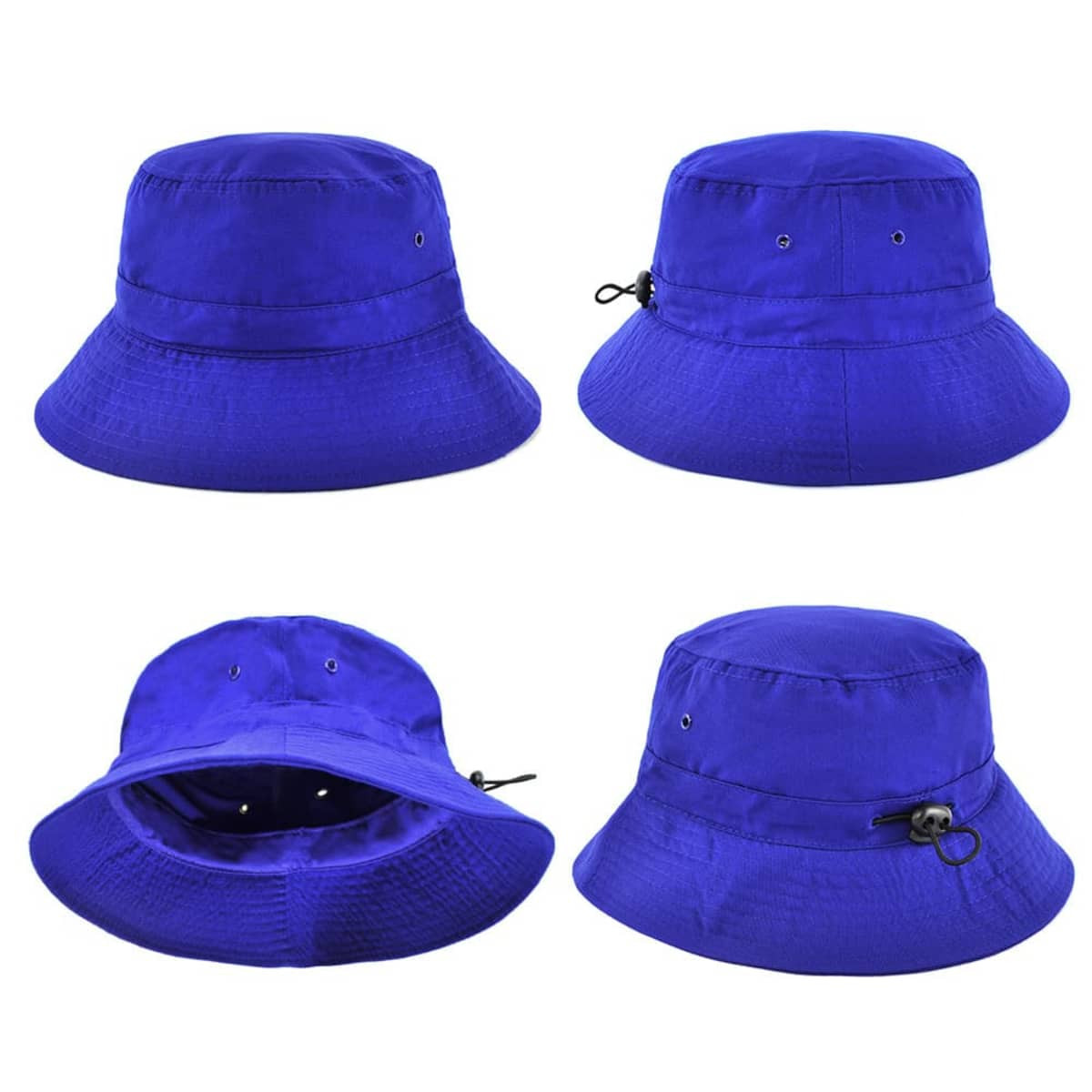 A vibrant blue polyviscose bucket hat featuring multiple angles and a drawstring for adjustment, with a logo present.
