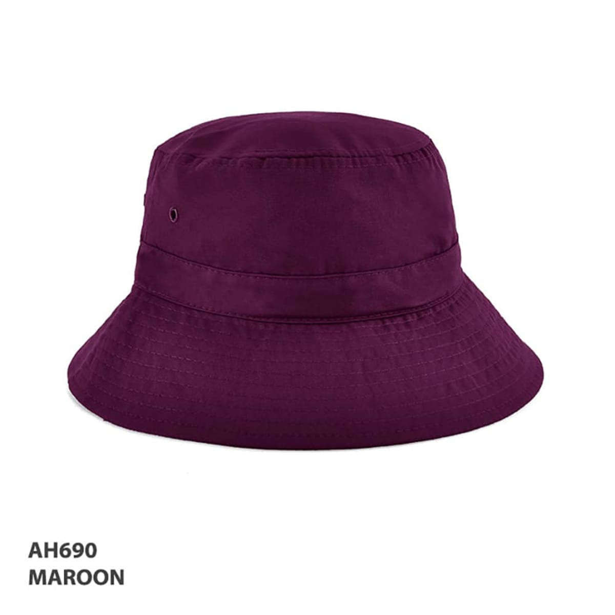 A maroon bucket hat with a wide brim and an interior sweatband, featuring a logo.