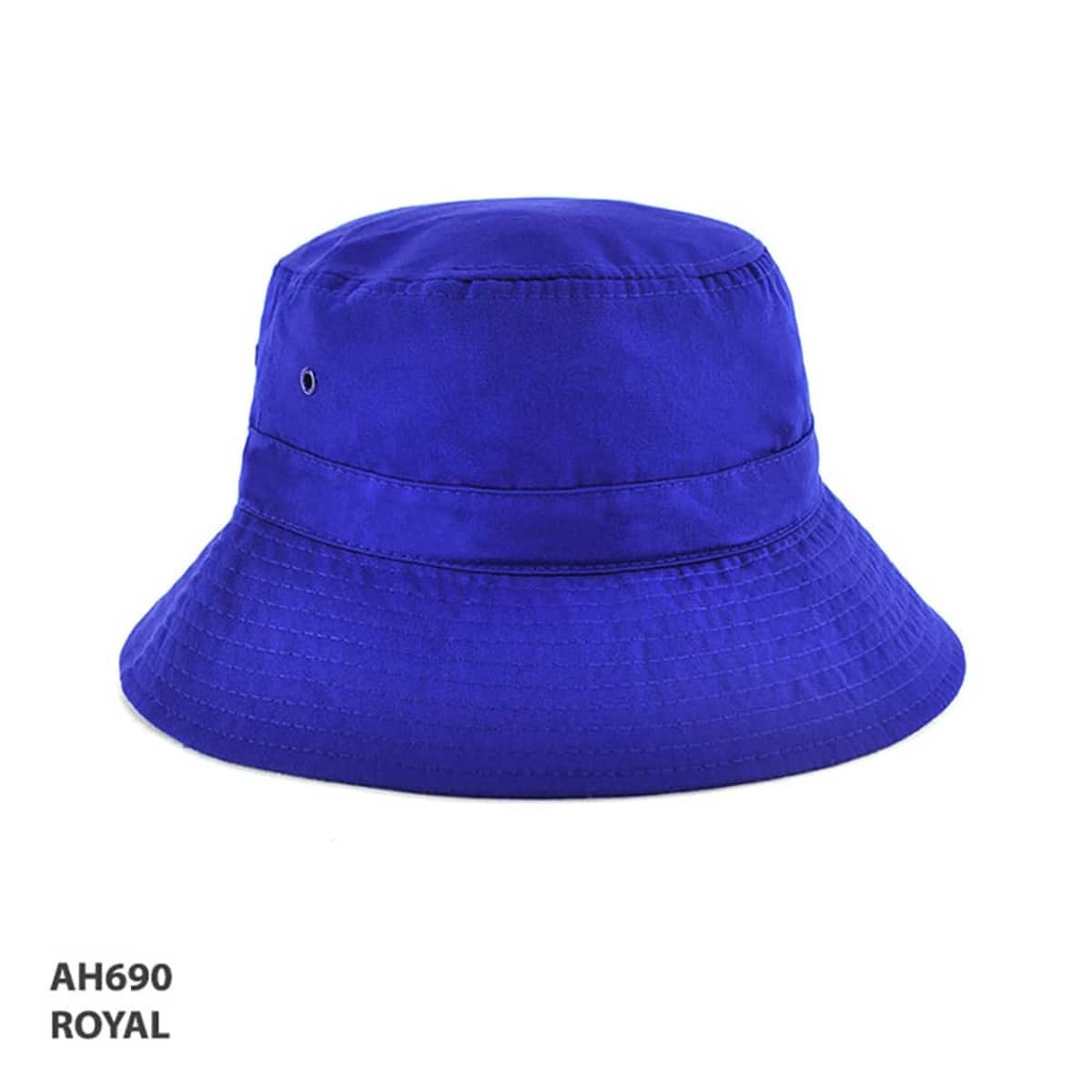 A royal blue bucket hat featuring a wide brim and a logo. Perfect for casual outdoor wear.