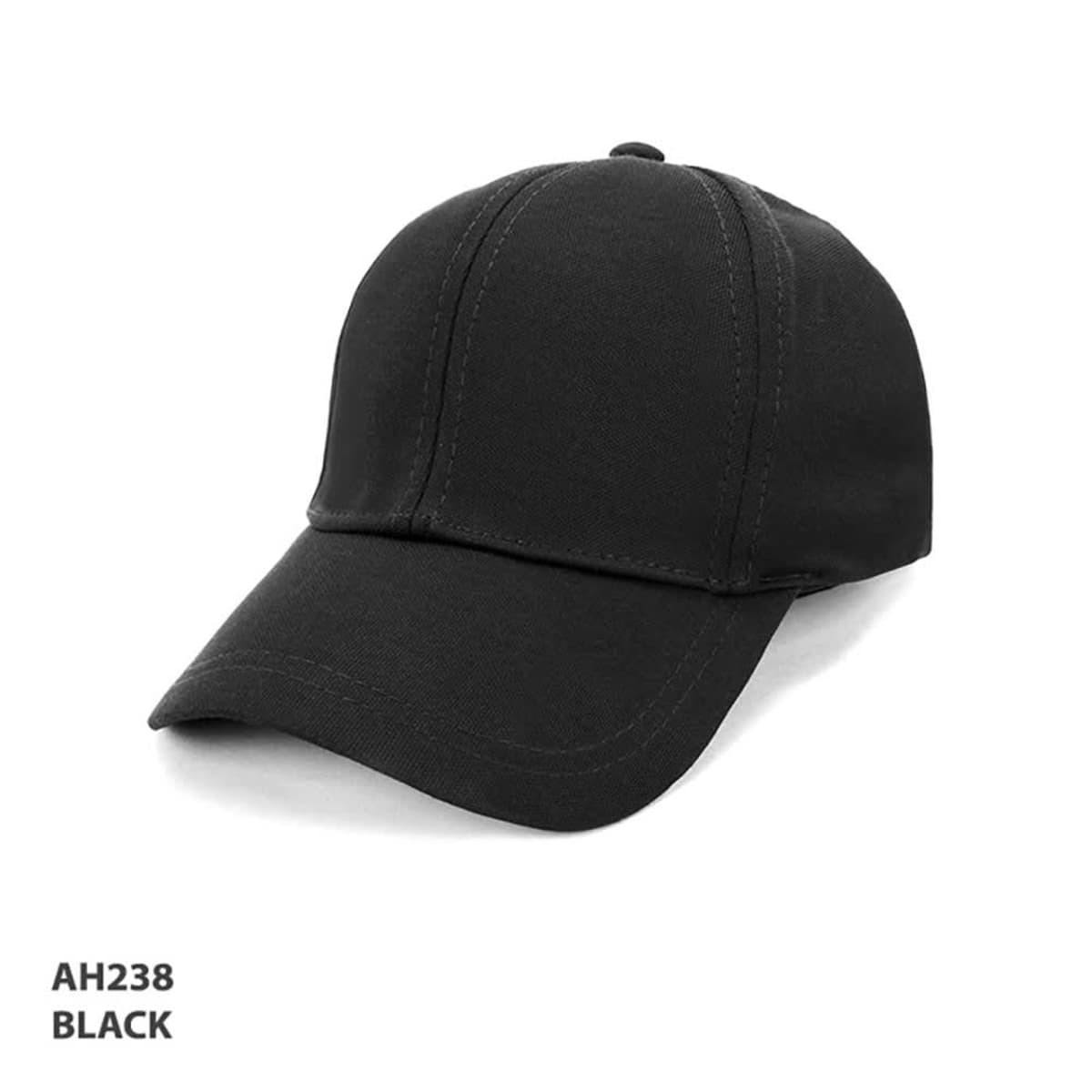 A black cap with a structured design and a curved brim, featuring a logo on the front.