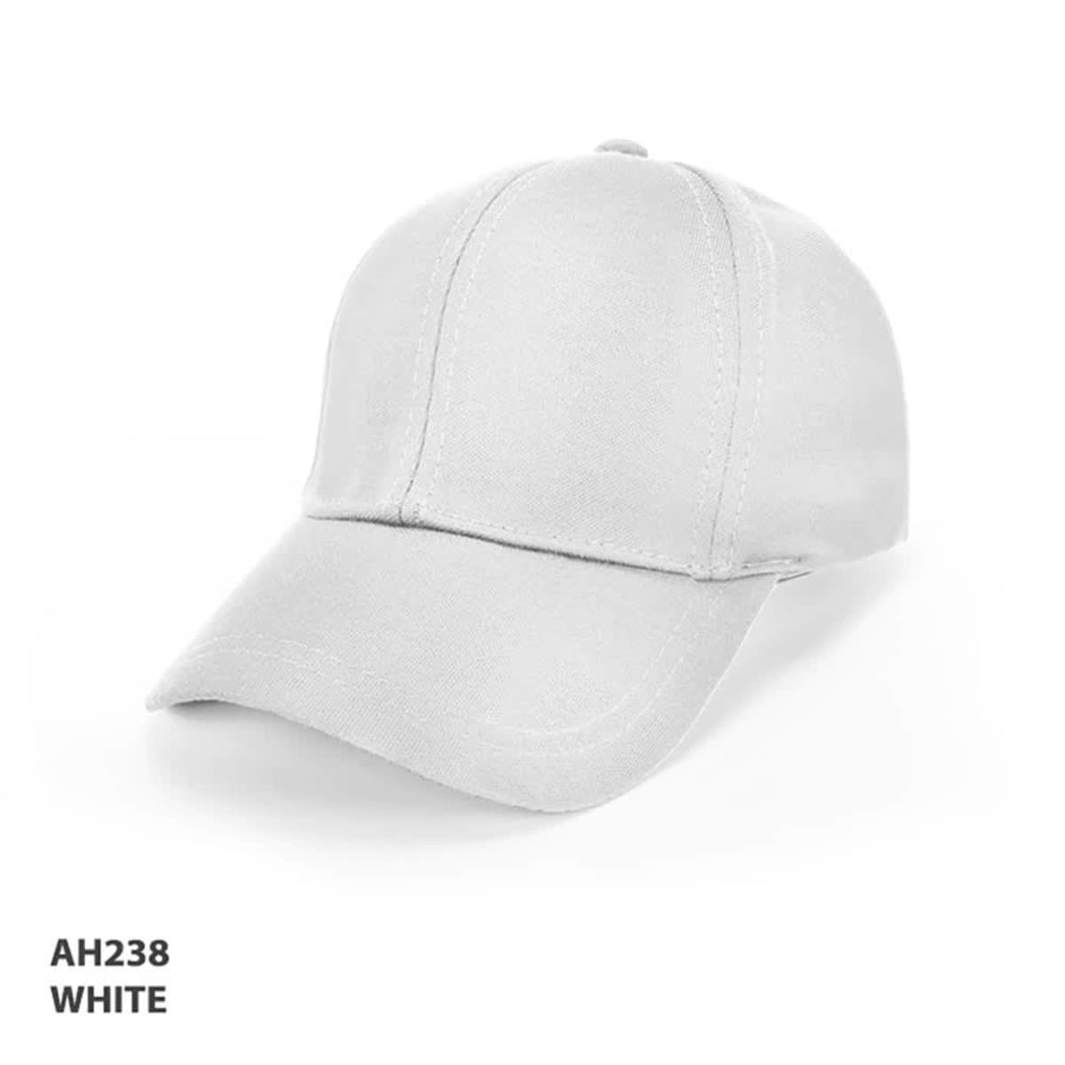 A white cotton cap with a curved brim and an adjustable strap, featuring a logo on the side.