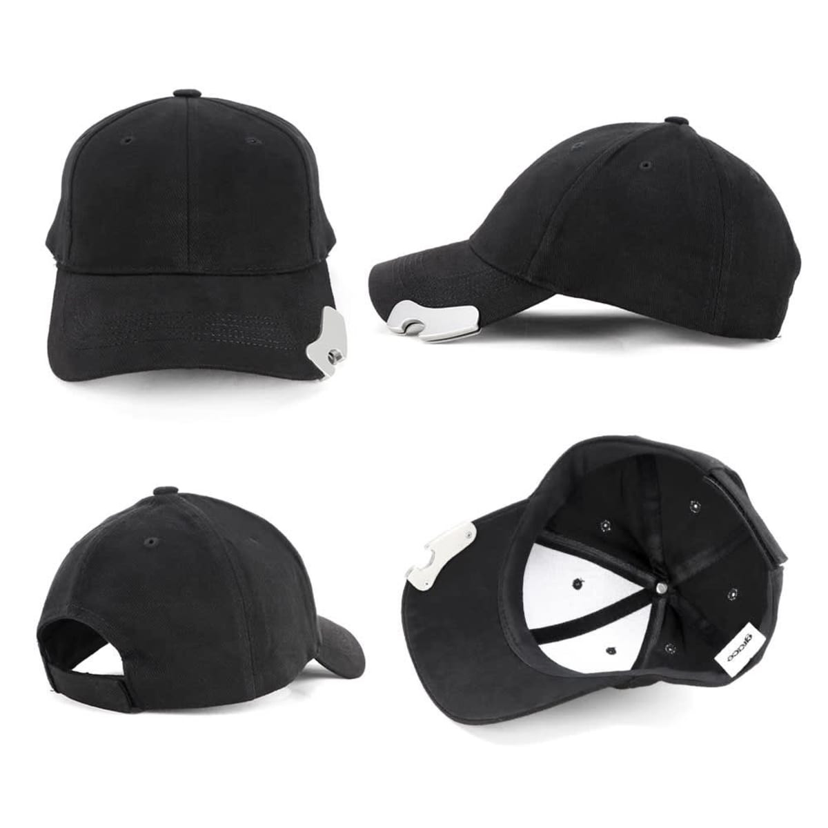 A black cap with a structured design featuring a logo and an adjustable strap at the back.