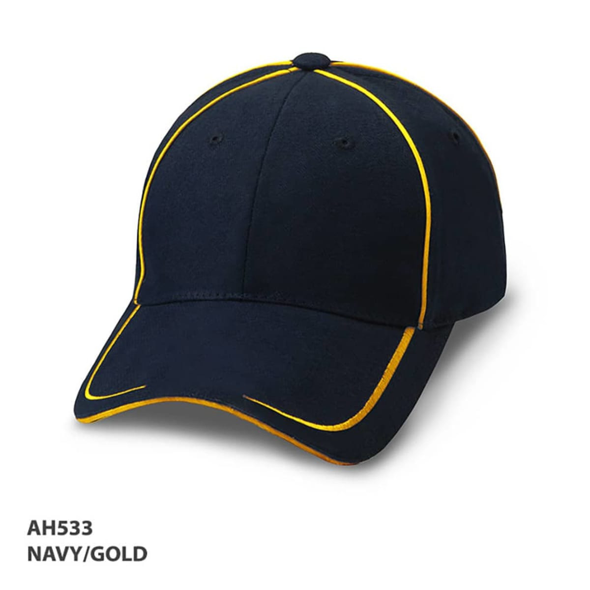 A navy cap with gold accents and a logo, featuring a curved peak and stitching details.