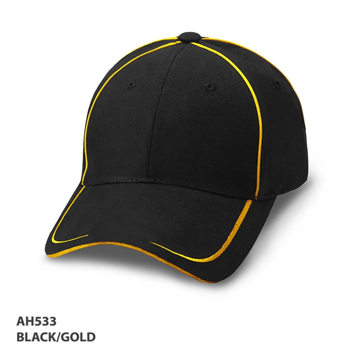 A black cap with gold piping and a logo. It features a curved brim and a structured design.