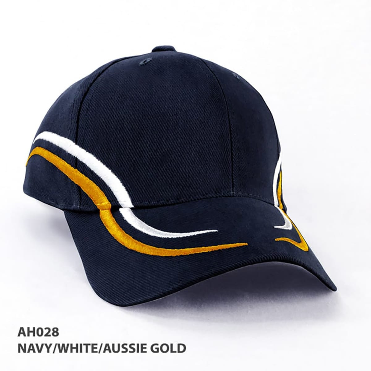 A navy cap with white and Aussie gold detailing and a logo on the front.