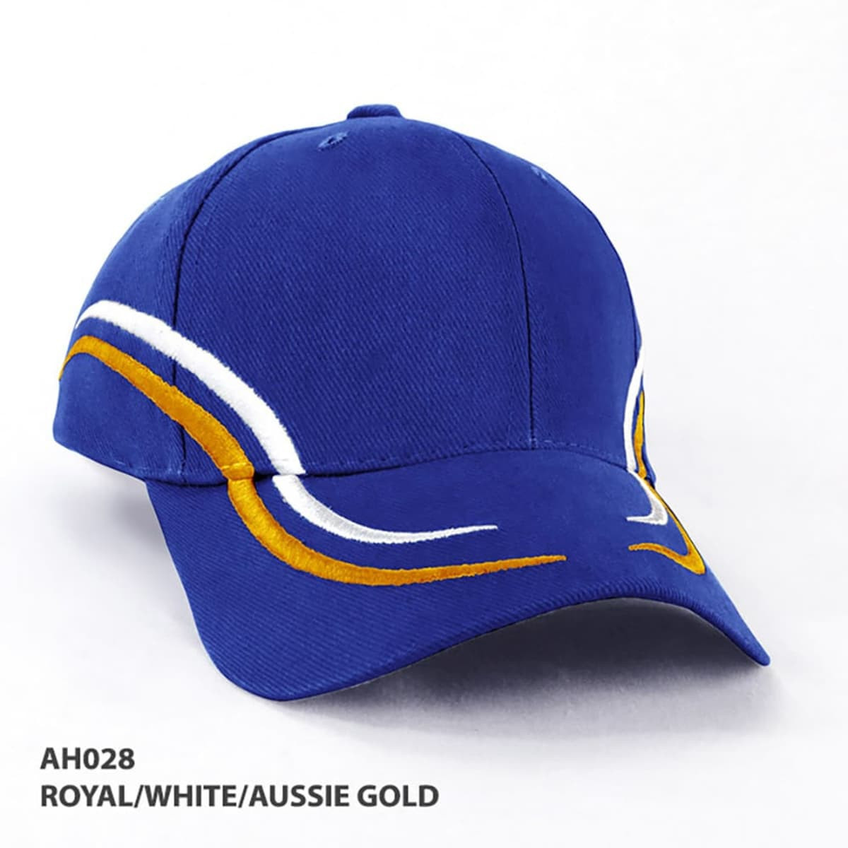 A blue cap featuring white and Aussie gold accents, with a logo on the front.