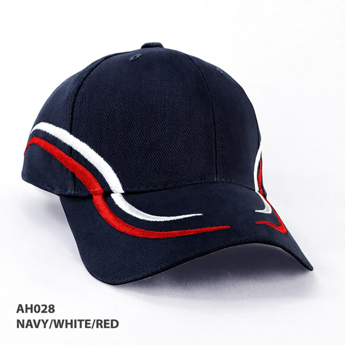A navy cap with red and white embroidered detailing and a logo on the front.