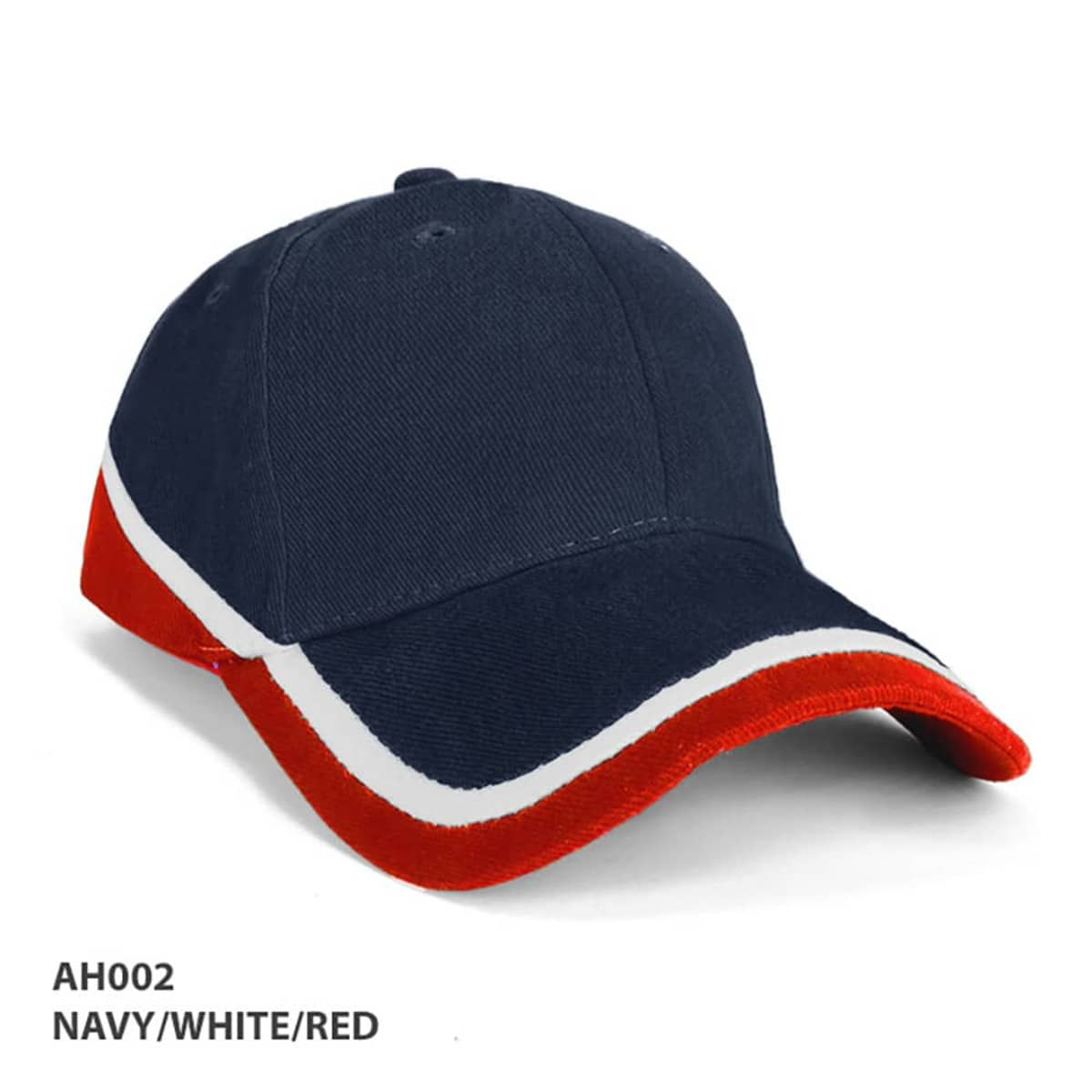 A navy, white, and red cap with a curved brim and a branded logo on the front.