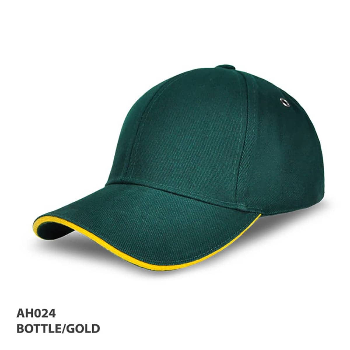 A bottle green cap with a gold trim and a logo on the side, designed for headwear.