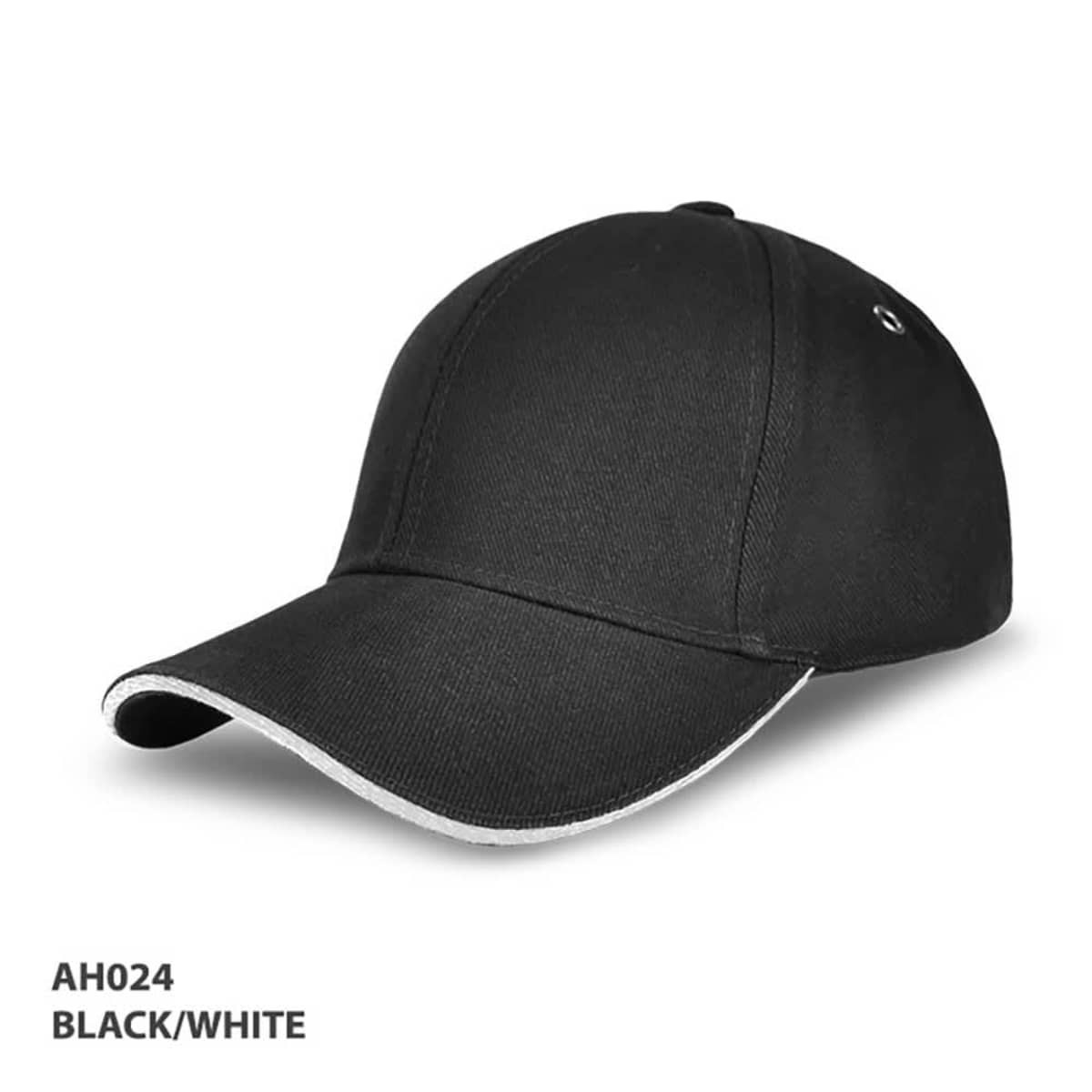 A black and white cap with a curved peak and a logo on the side.