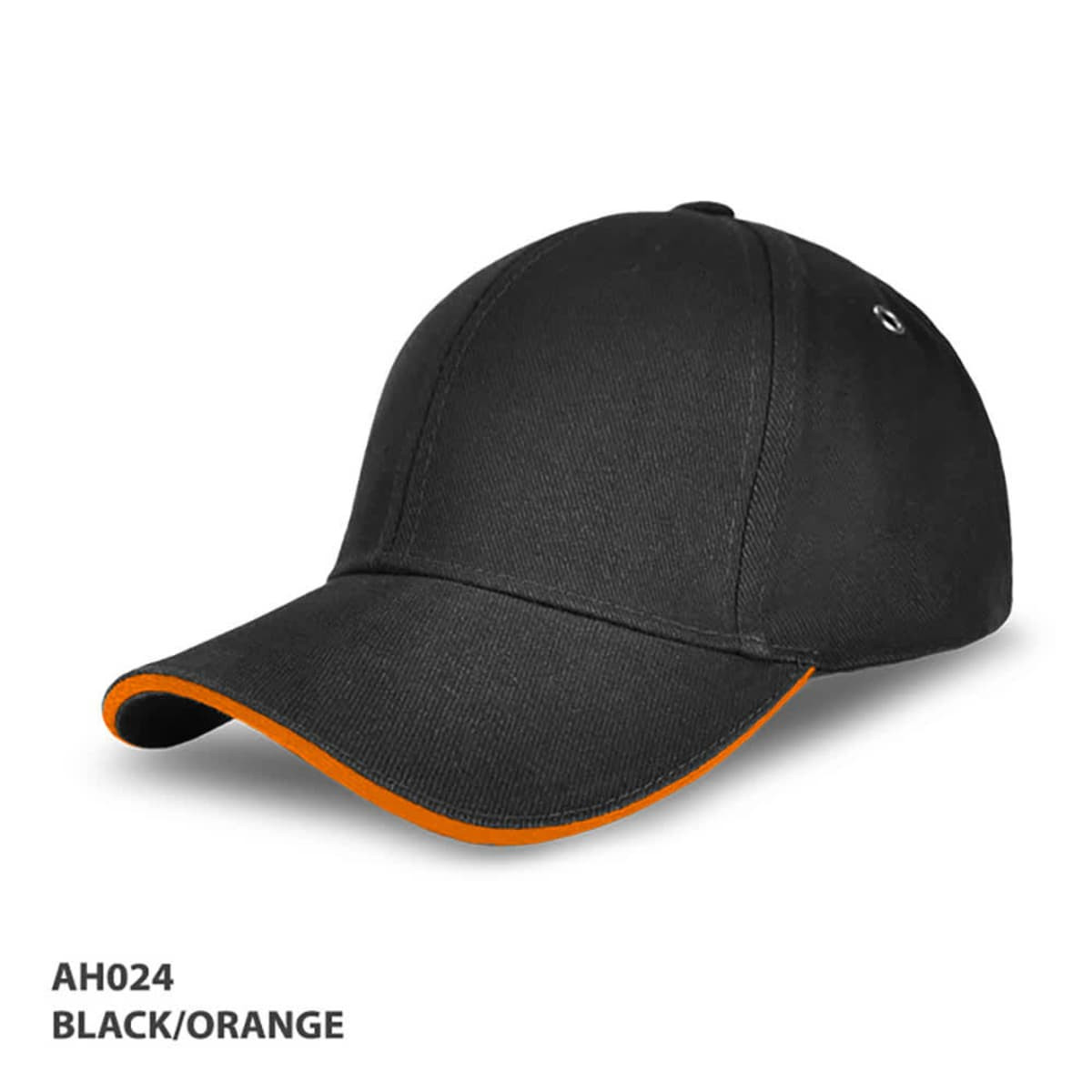 A black cap with an orange brim and a logo, designed as headwear.