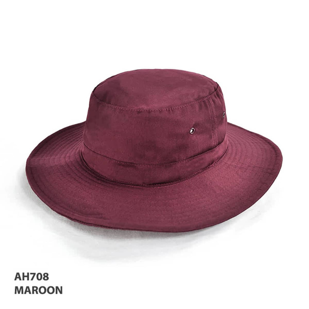 A maroon Polyviscose School Hat with a wide brim and a smooth texture, featuring a logo.