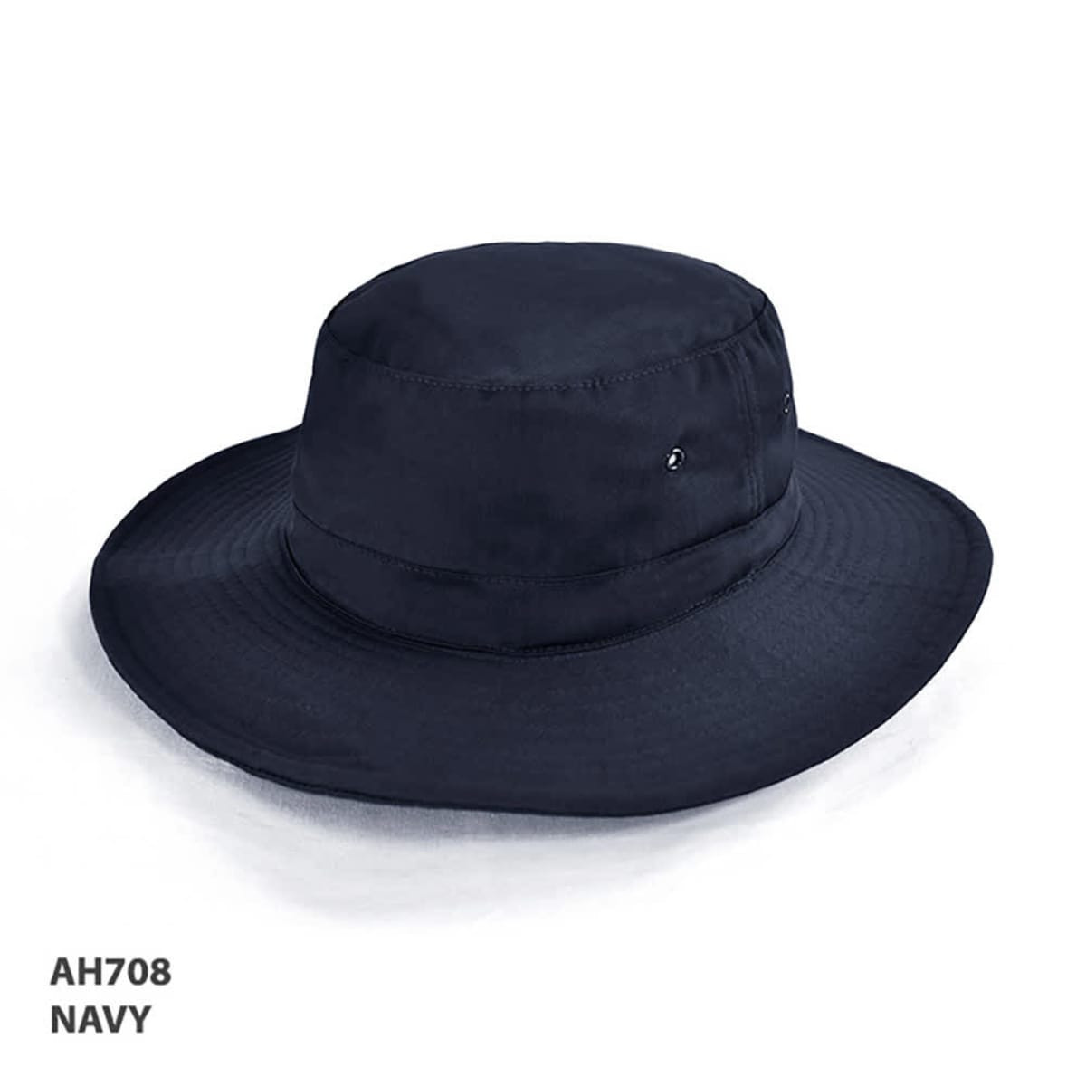A navy Polyviscose bucket hat with a wide brim and a label, featuring a simple design.