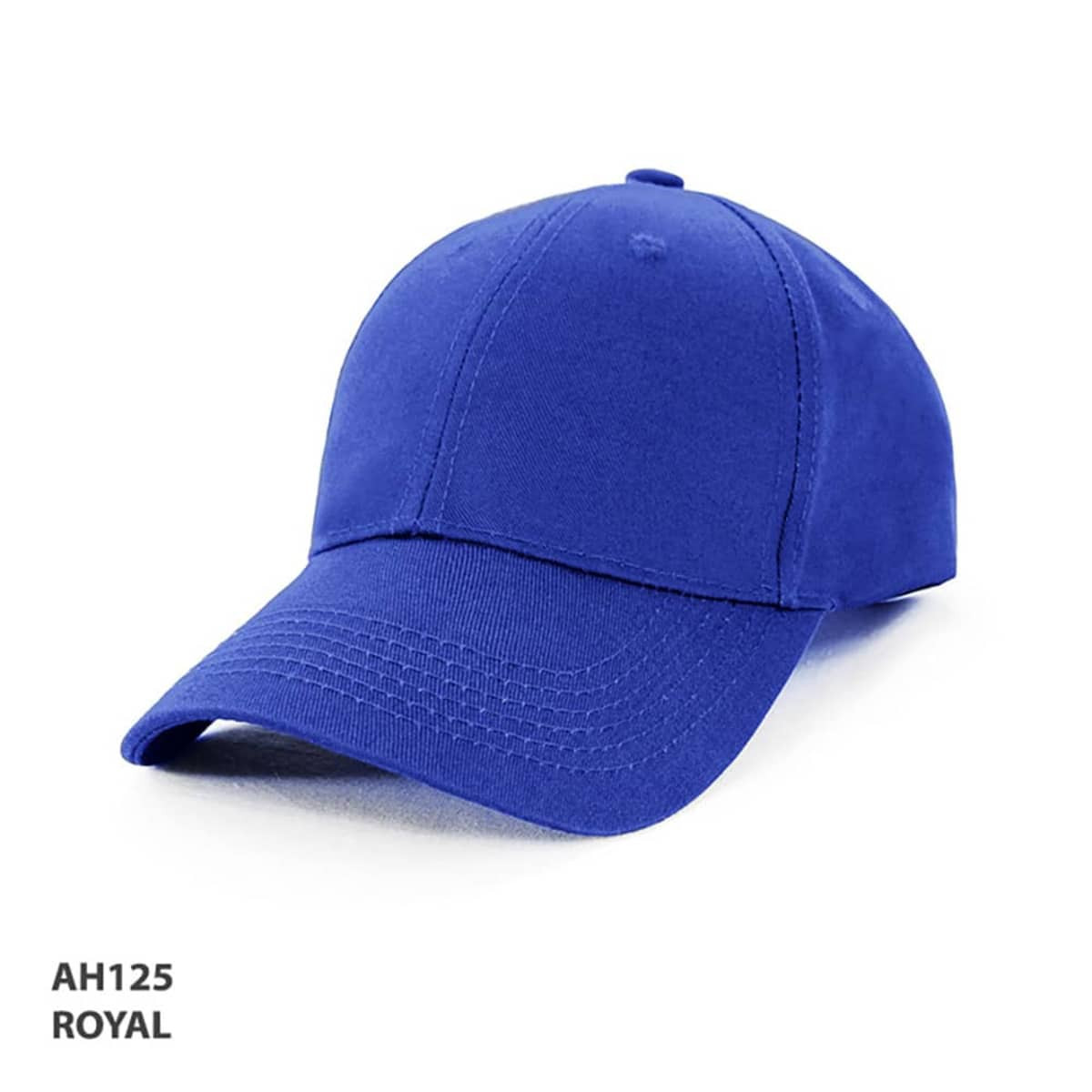 A royal blue cap featuring a curved brim and an adjustable strap at the back, with a logo present.