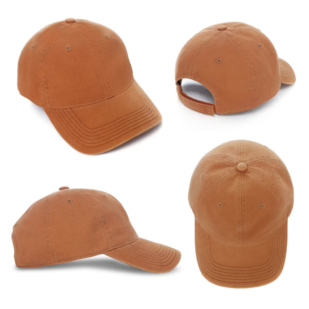 A brown enzyme washed cap with a curved brim and adjustable strap. It features a logo on the side.