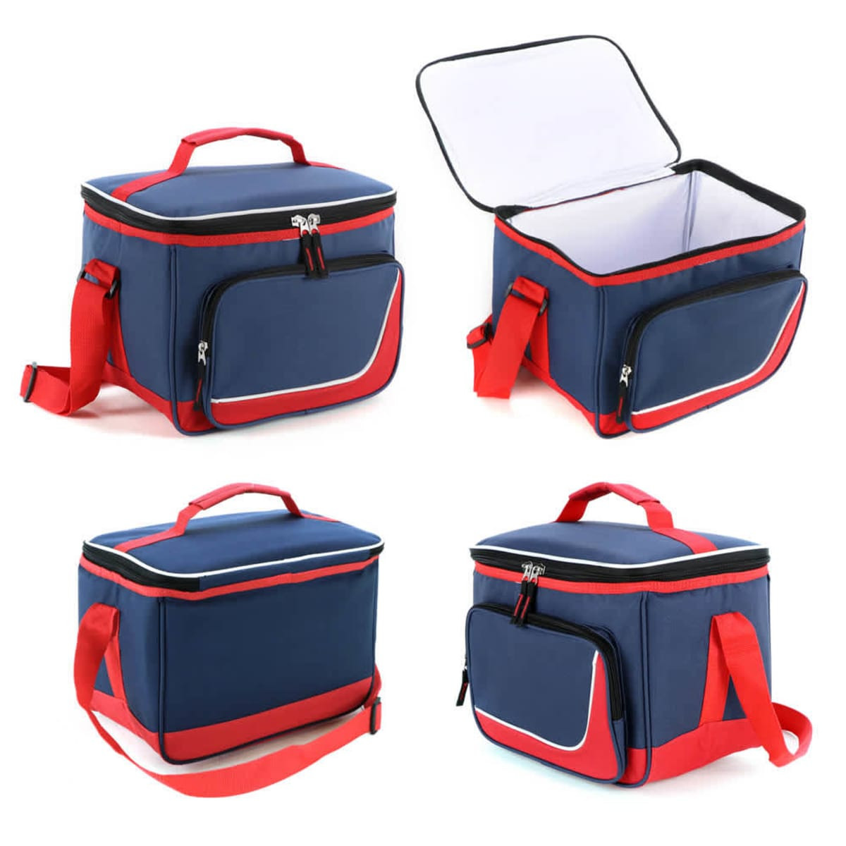 A cooler bag in navy blue with red accents, featuring a zippered top and a front pocket, with a shoulder strap.