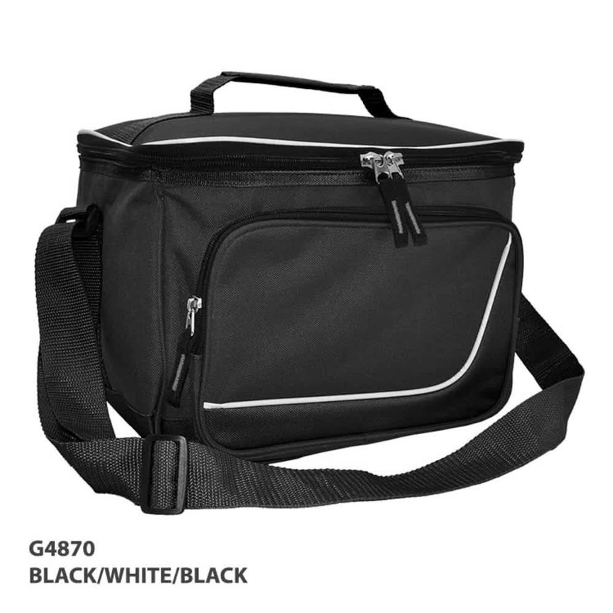 A black cooler bag with a shoulder strap, featuring a zip closure and a front pocket. It has a logo on the side.