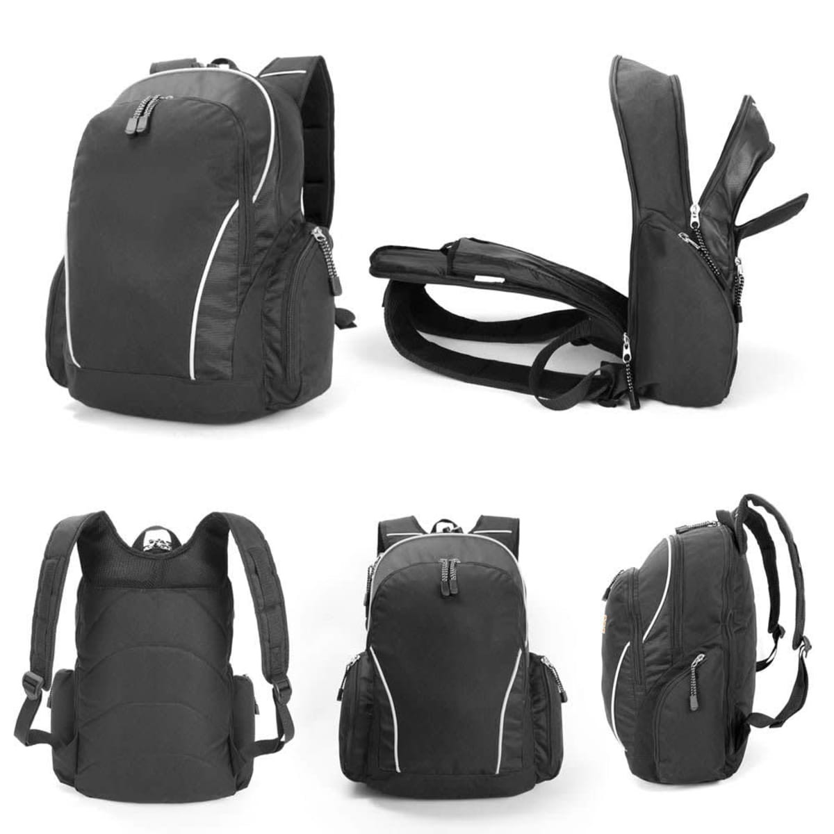 A black backpack with multiple compartments, padded straps, and a sleek design. It features a logo and reflective detailing.