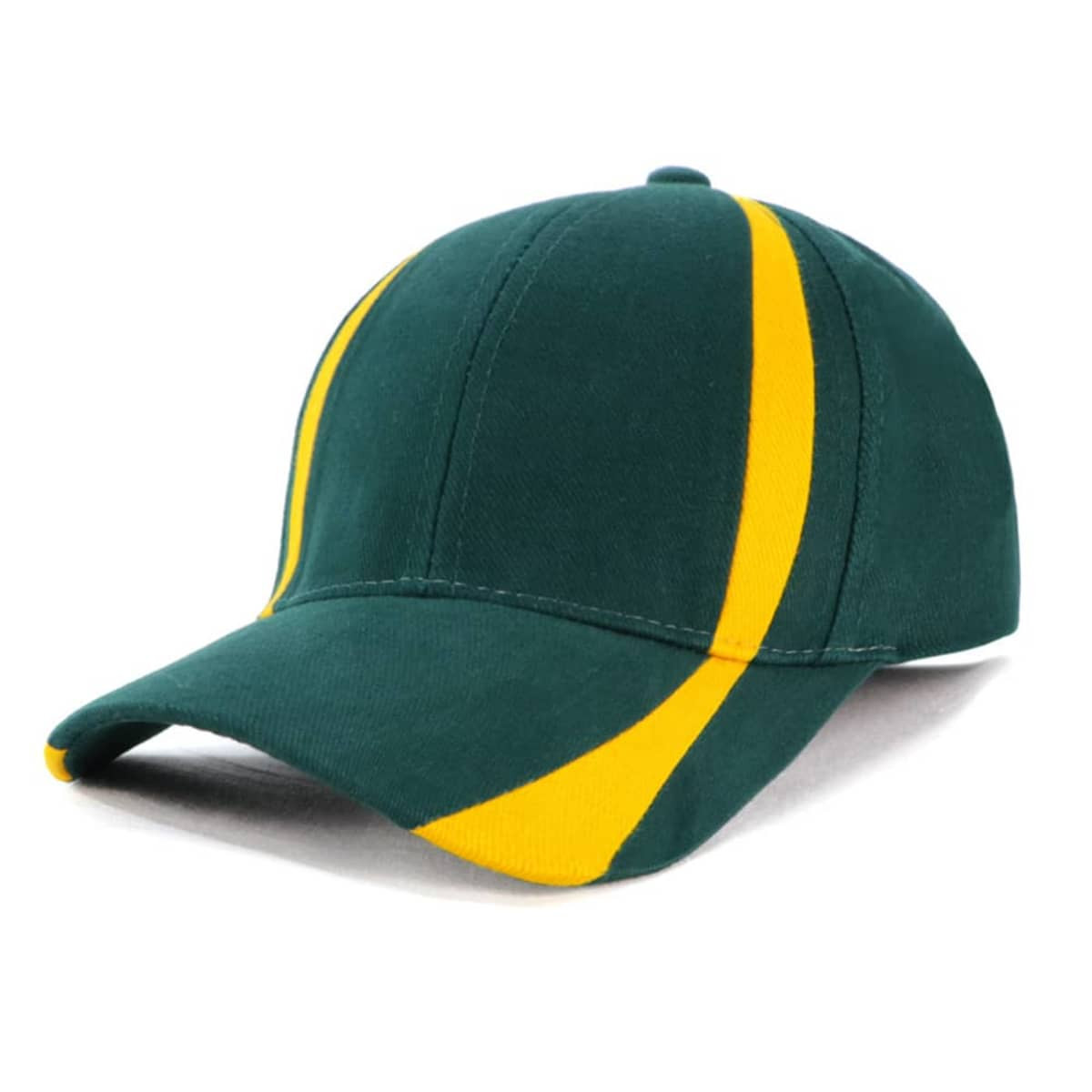A green cap with yellow stripes, featuring a logo on the front.