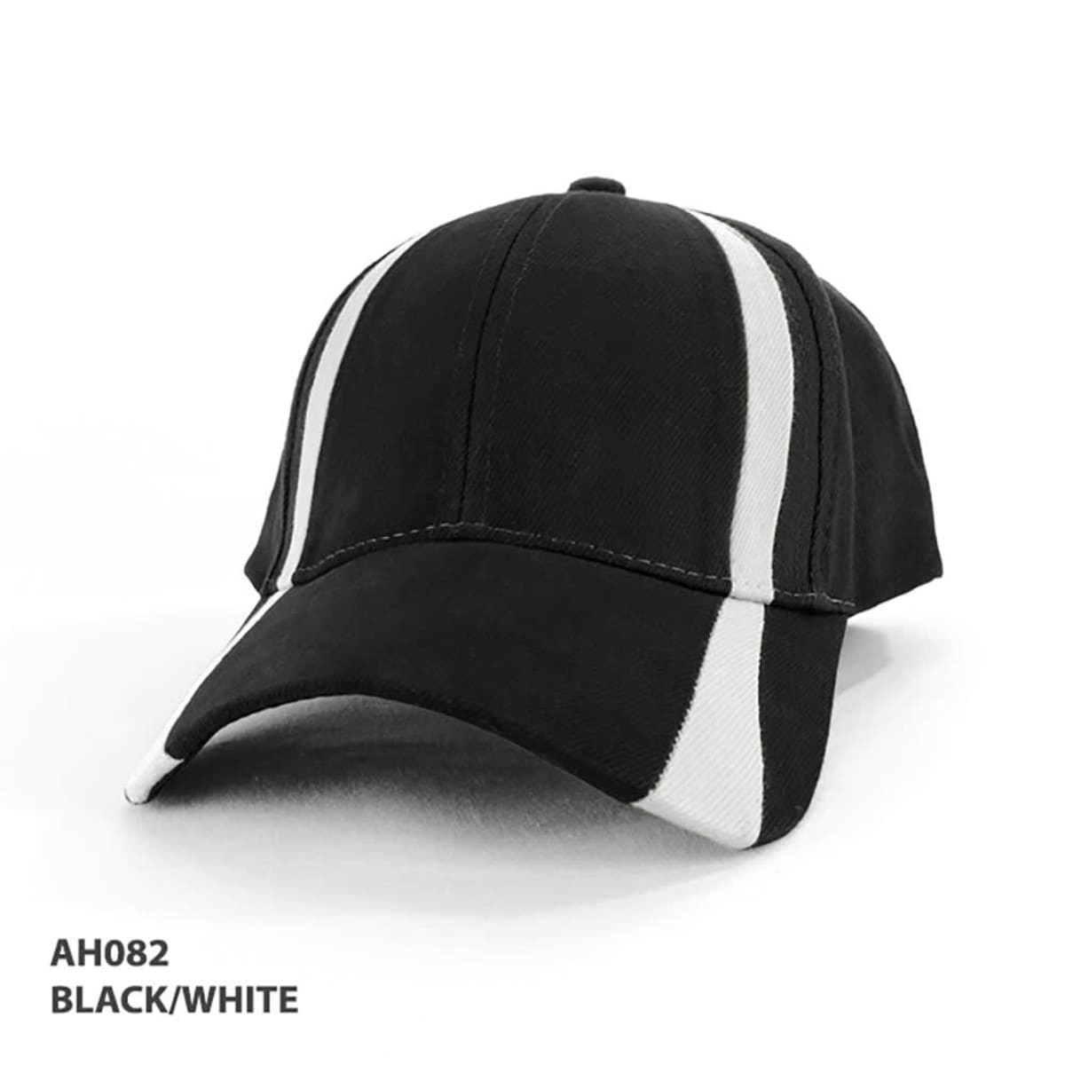 A black and white cap features contrasting stripes and a curved brim, with a small logo on the front.