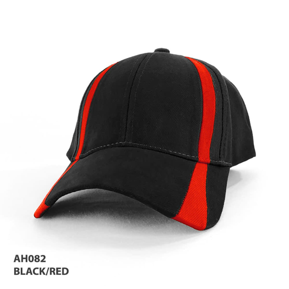 A black cap with red stripes, featuring a curved brim and a logo on the front.