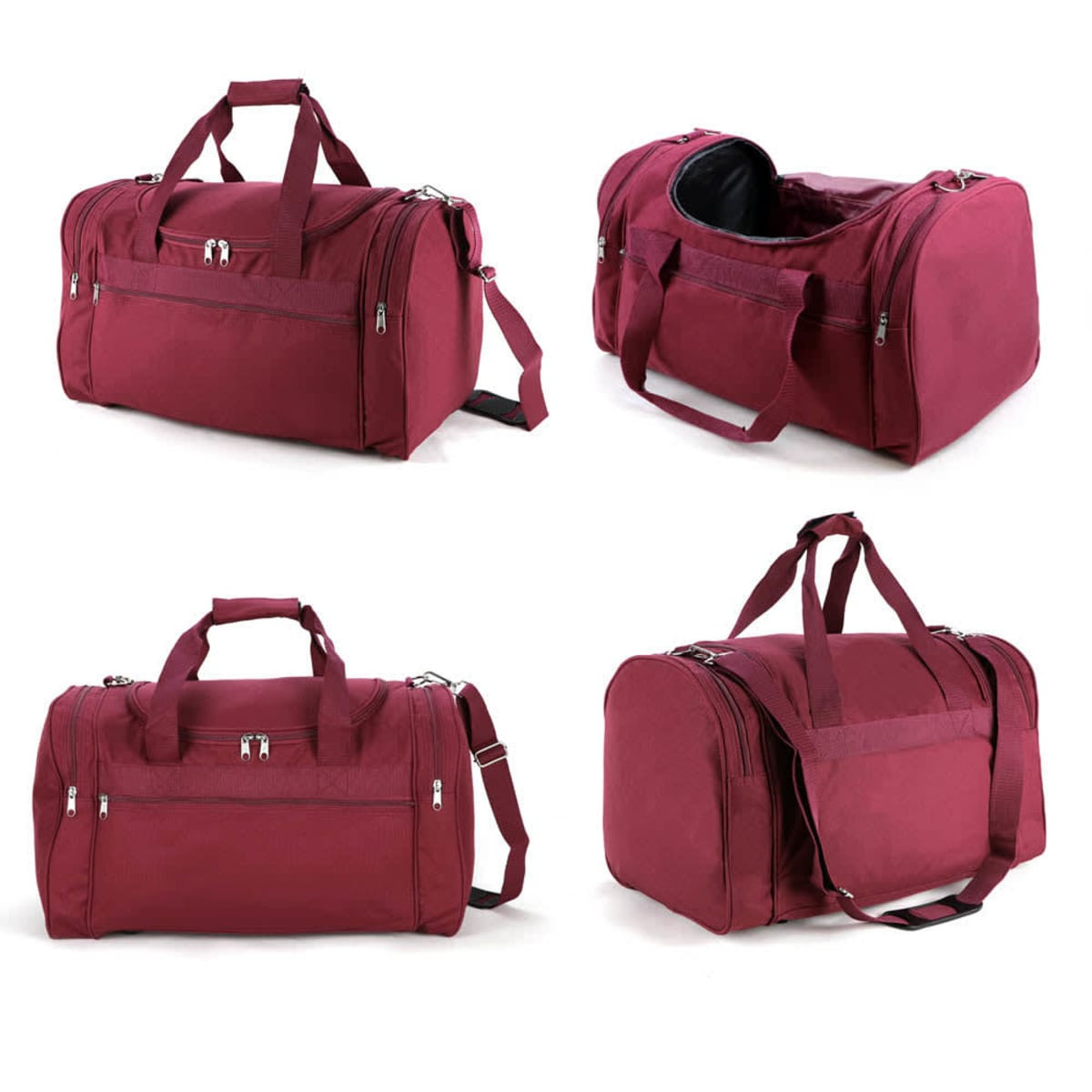 A maroon duffle bag with multiple compartments, featuring both hand and shoulder straps, and a logo.