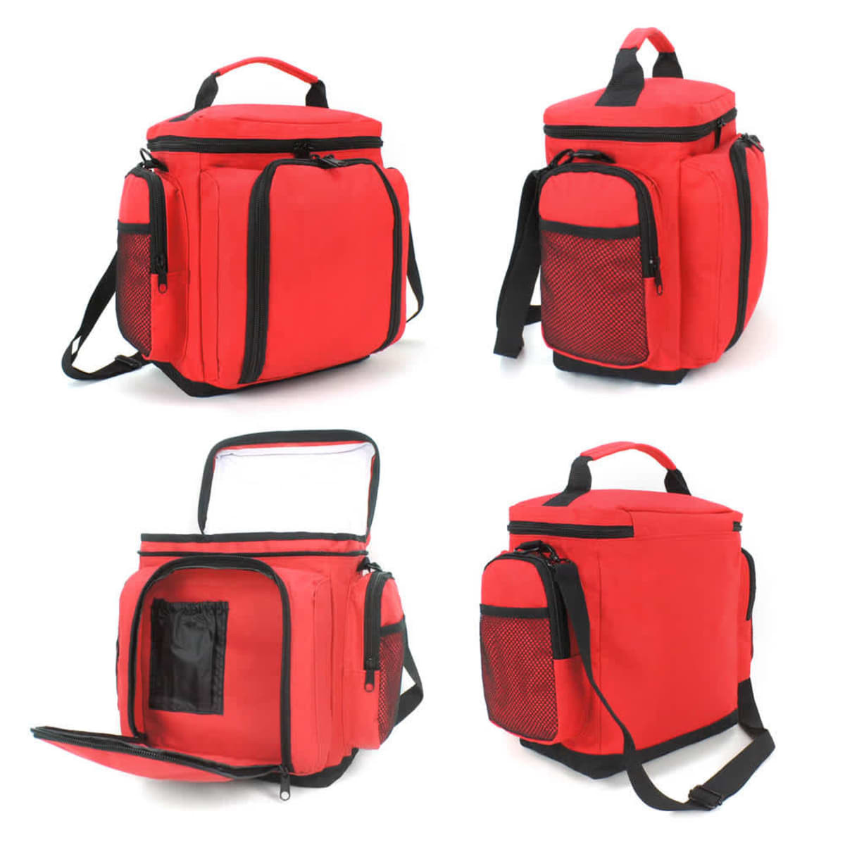 A red deluxe cooler bag with multiple pockets, a zippered main compartment, and a detachable shoulder strap.