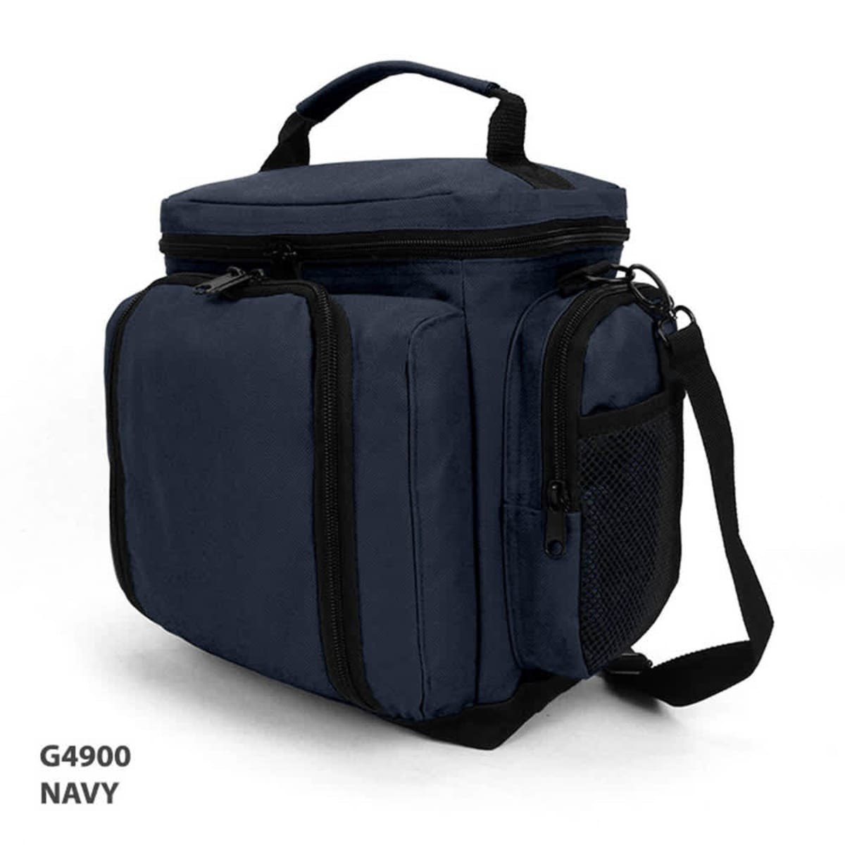 A navy cooler bag with zippered compartments, a handle, and a detachable shoulder strap. It features a mesh side pocket and a logo.