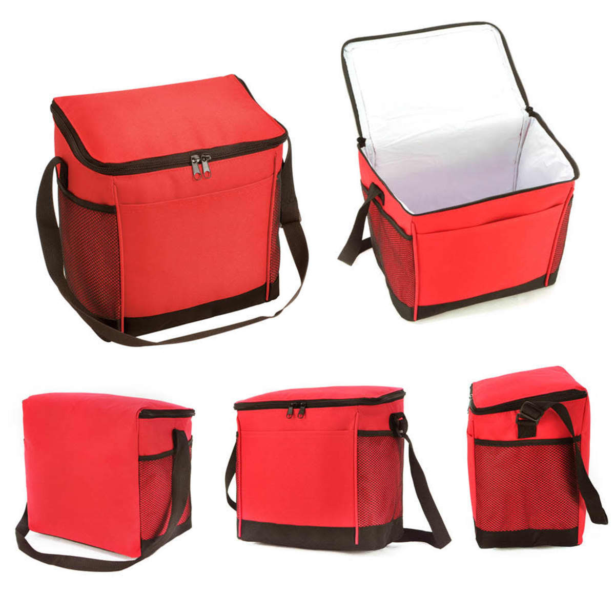A red cooler bag with a zippered top, featuring mesh side pockets and an adjustable shoulder strap. It has a logo.