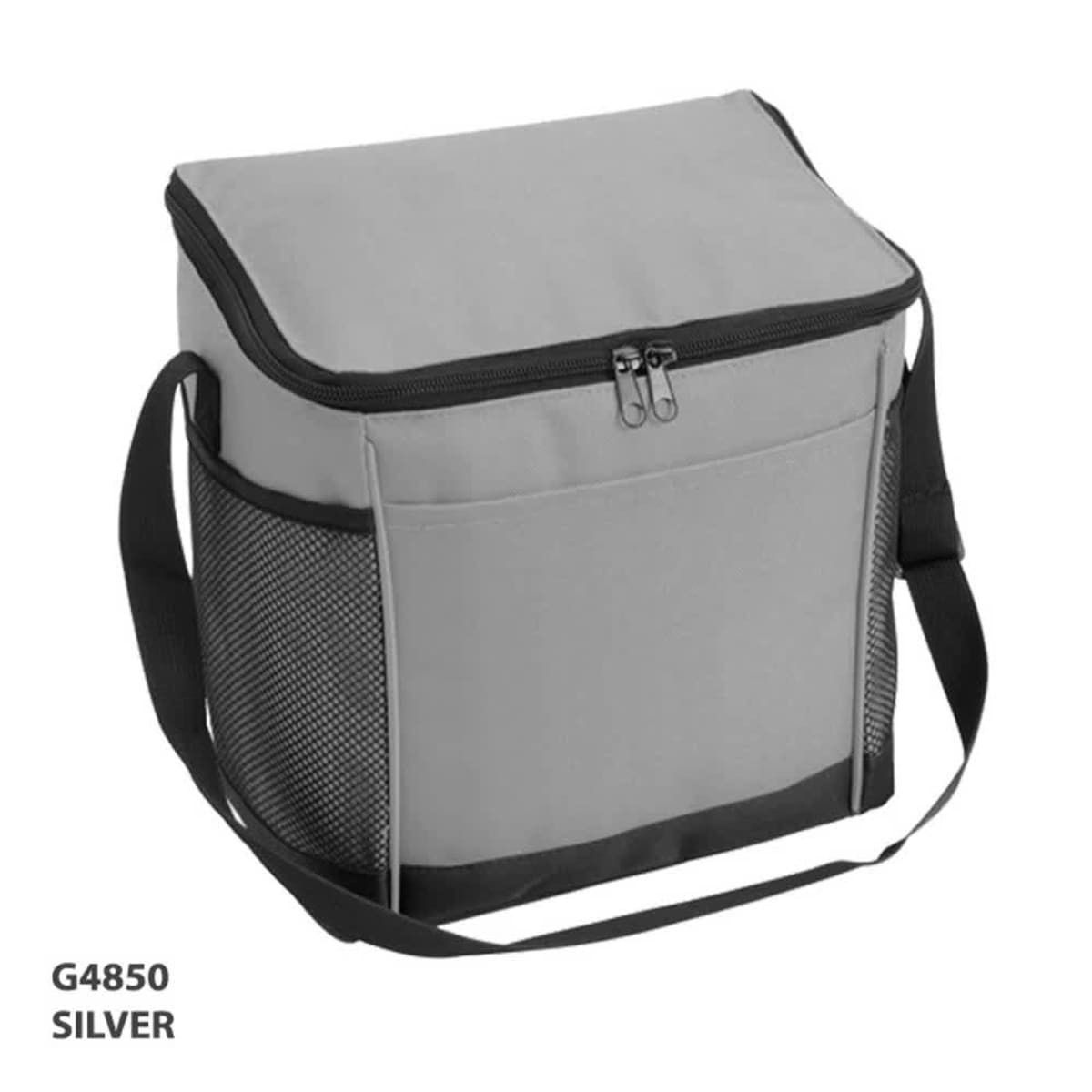 A grey cooler bag with a zippered top, featuring a black trim and mesh side pockets, and an adjustable strap.