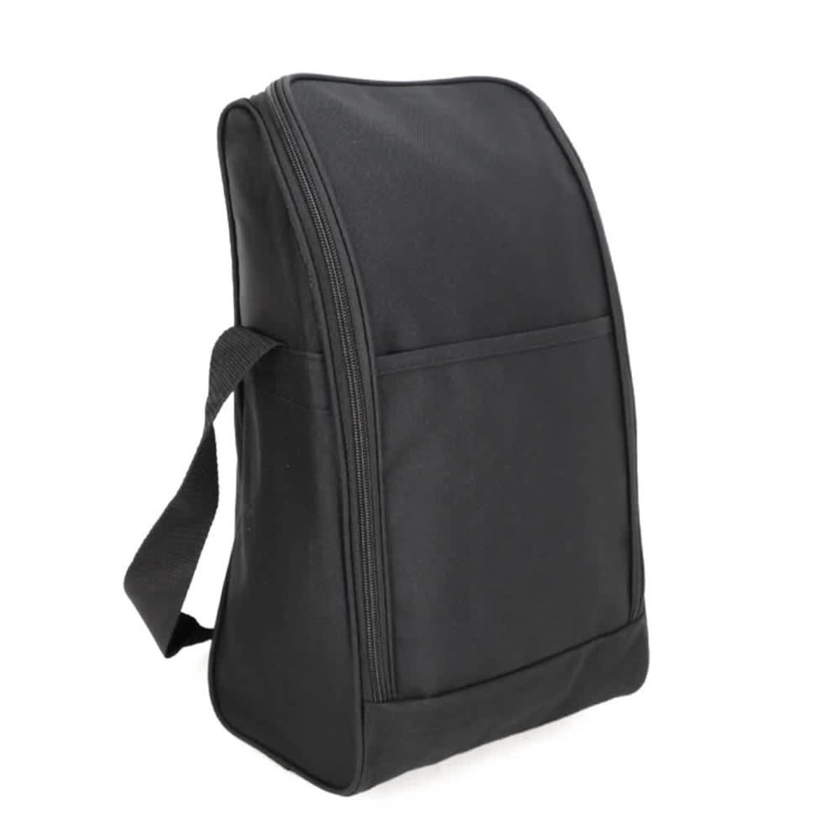 A black shoe bag with a zippered closure and a side handle. It features a simple design with one front pocket.