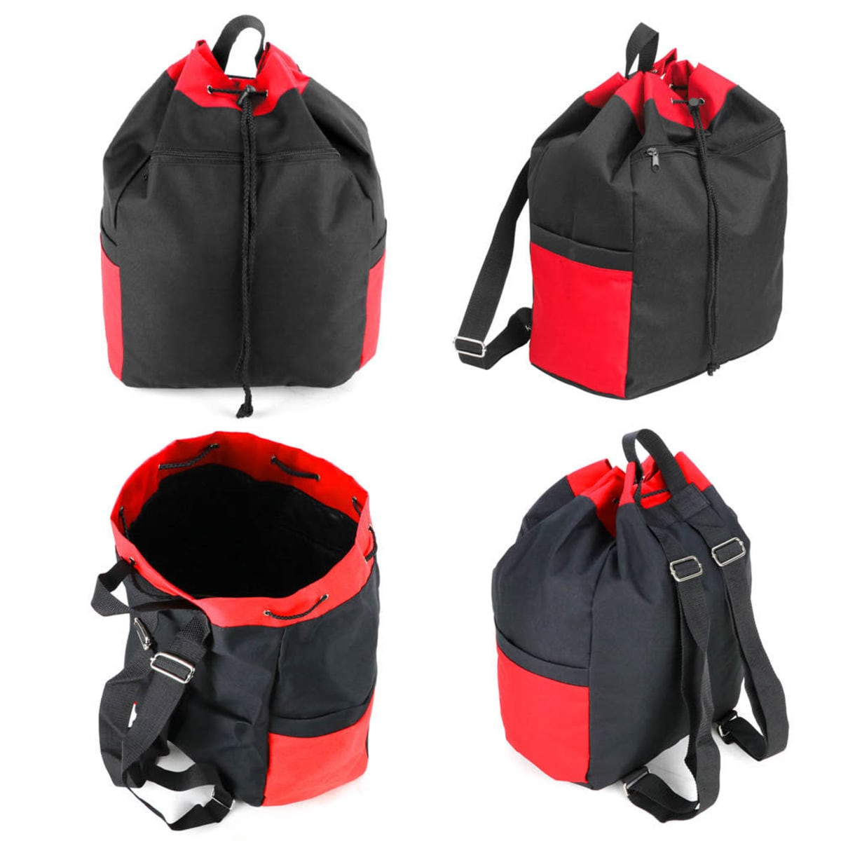 A black and red drawstring kitbag with a zippered pocket and an adjustable strap, featuring a logo.