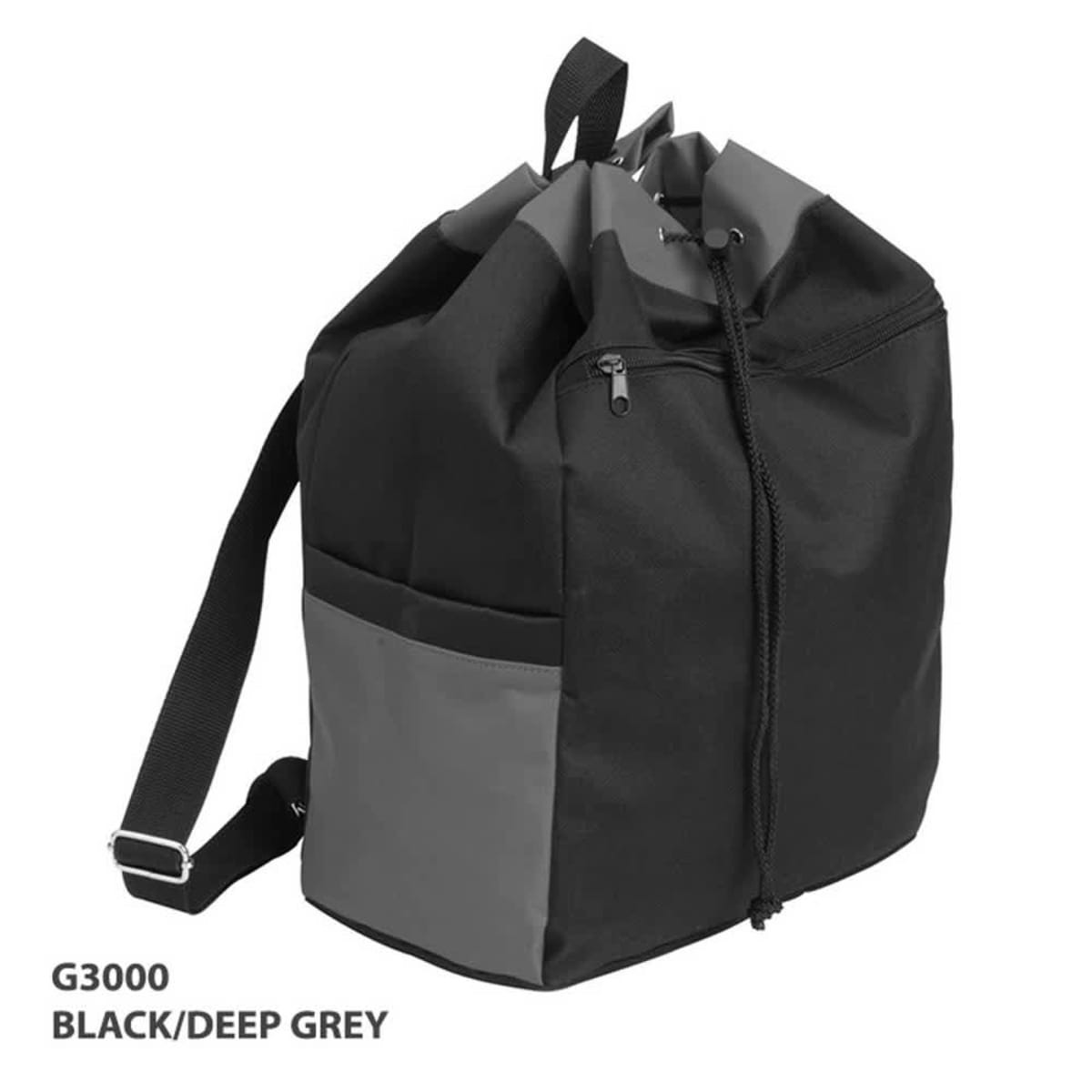 A drawstring bag in black and deep grey with a zip pocket and an adjustable strap. It features a logo.